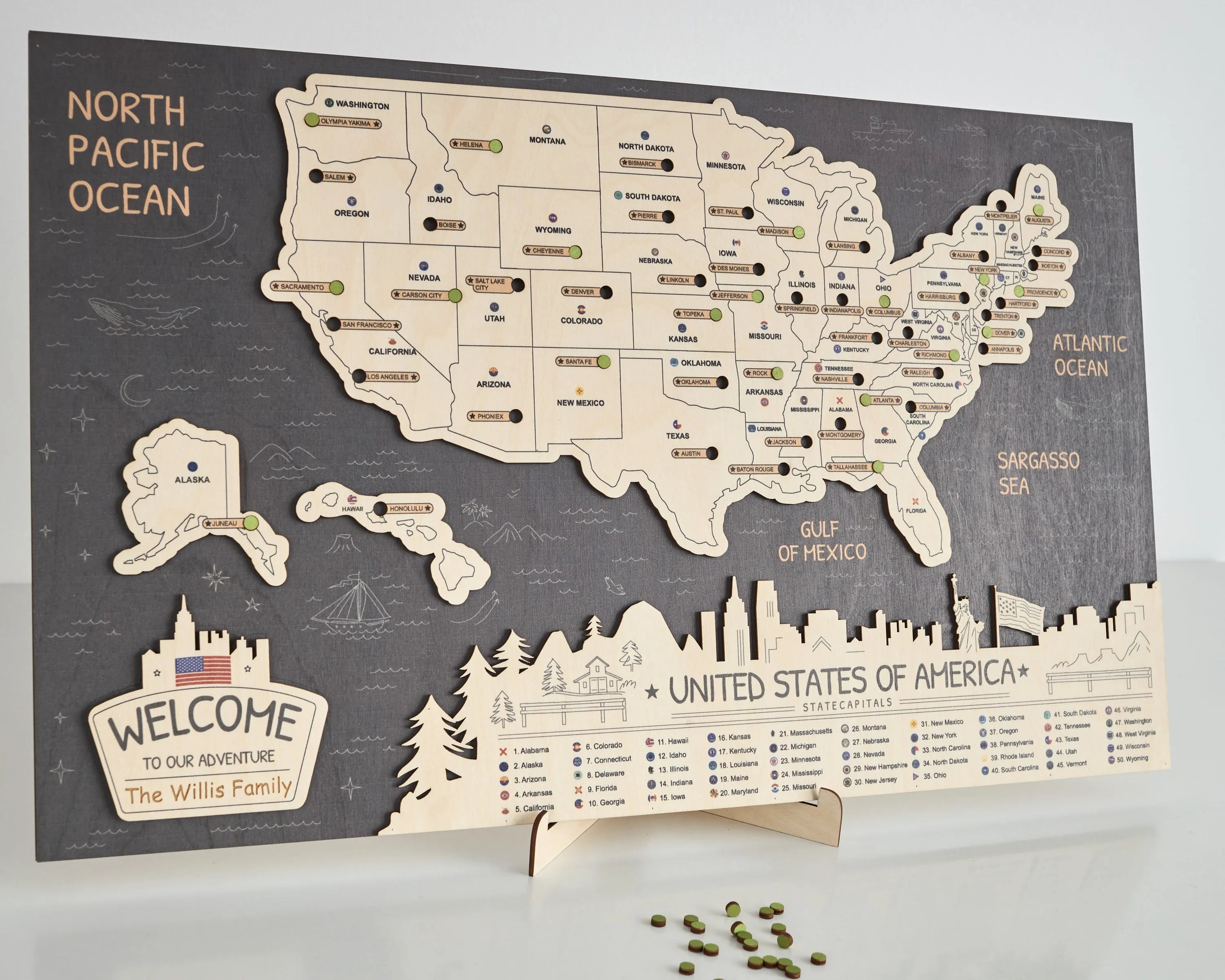 Wooden Map of USA State Capitals