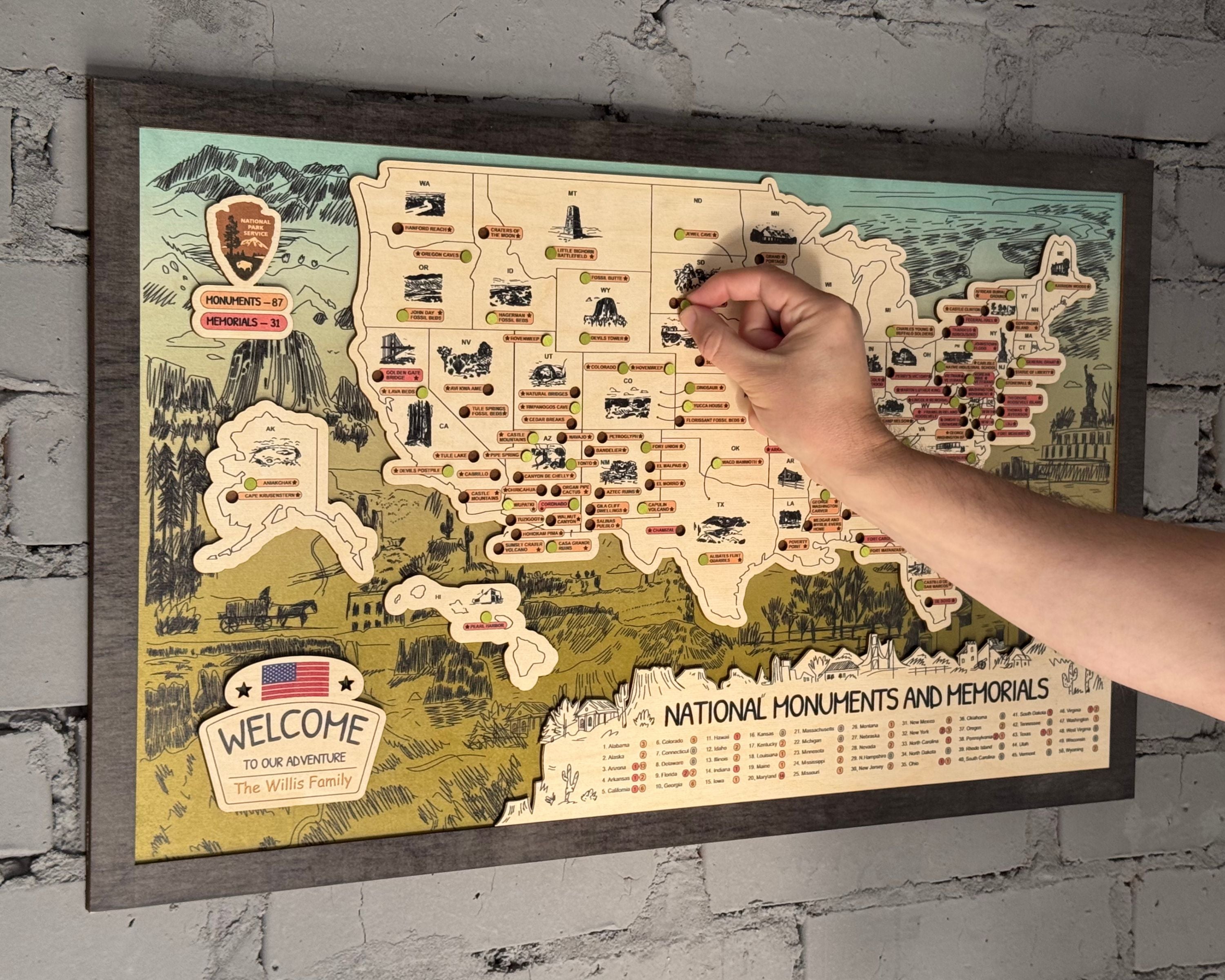 US Wooden National Monuments & Memorials Travel Map With Pins To Record Visits (Green Design)