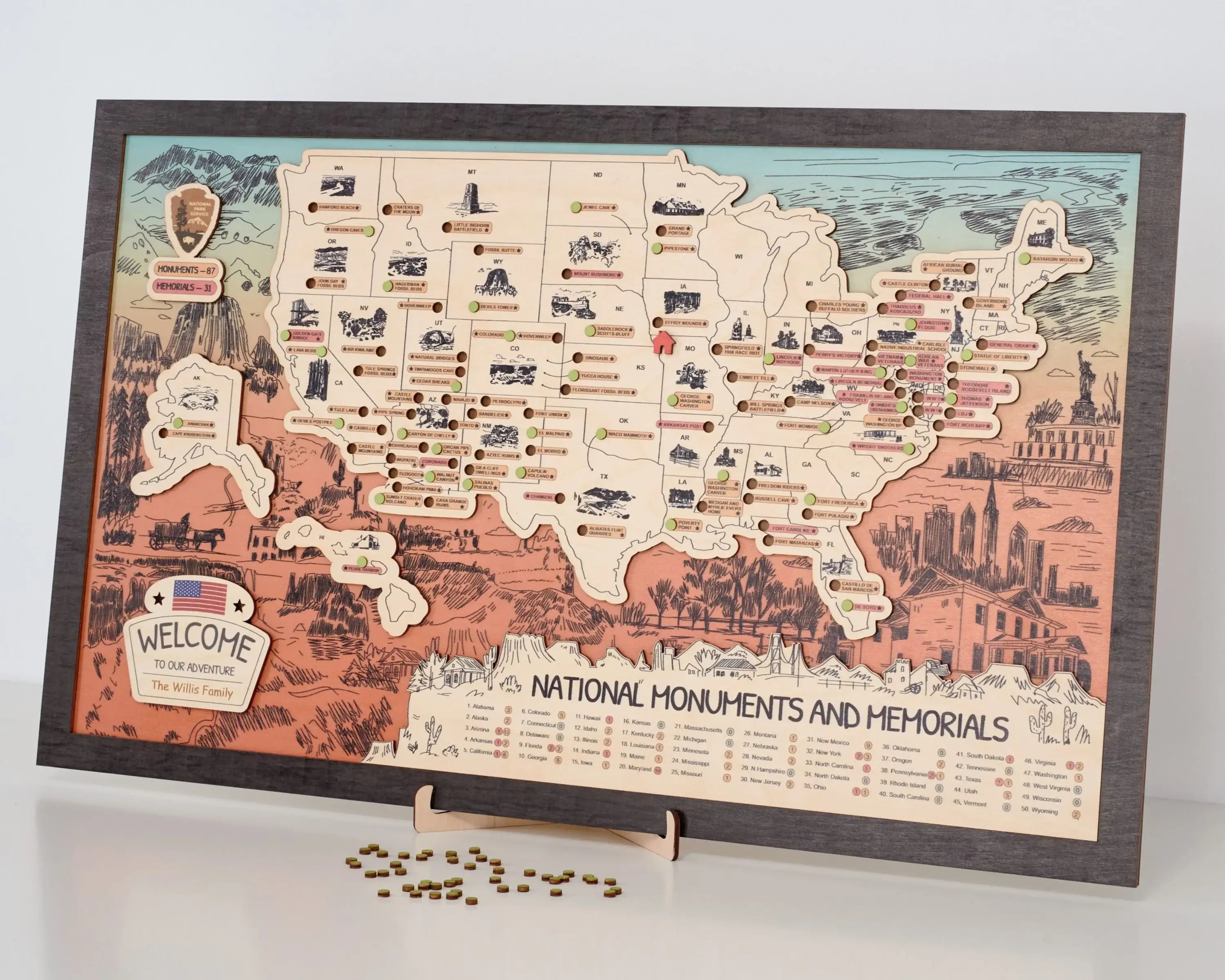 US Wooden National Monuments & Memorials Travel Map With Pins To Record Visits (Orange Design)