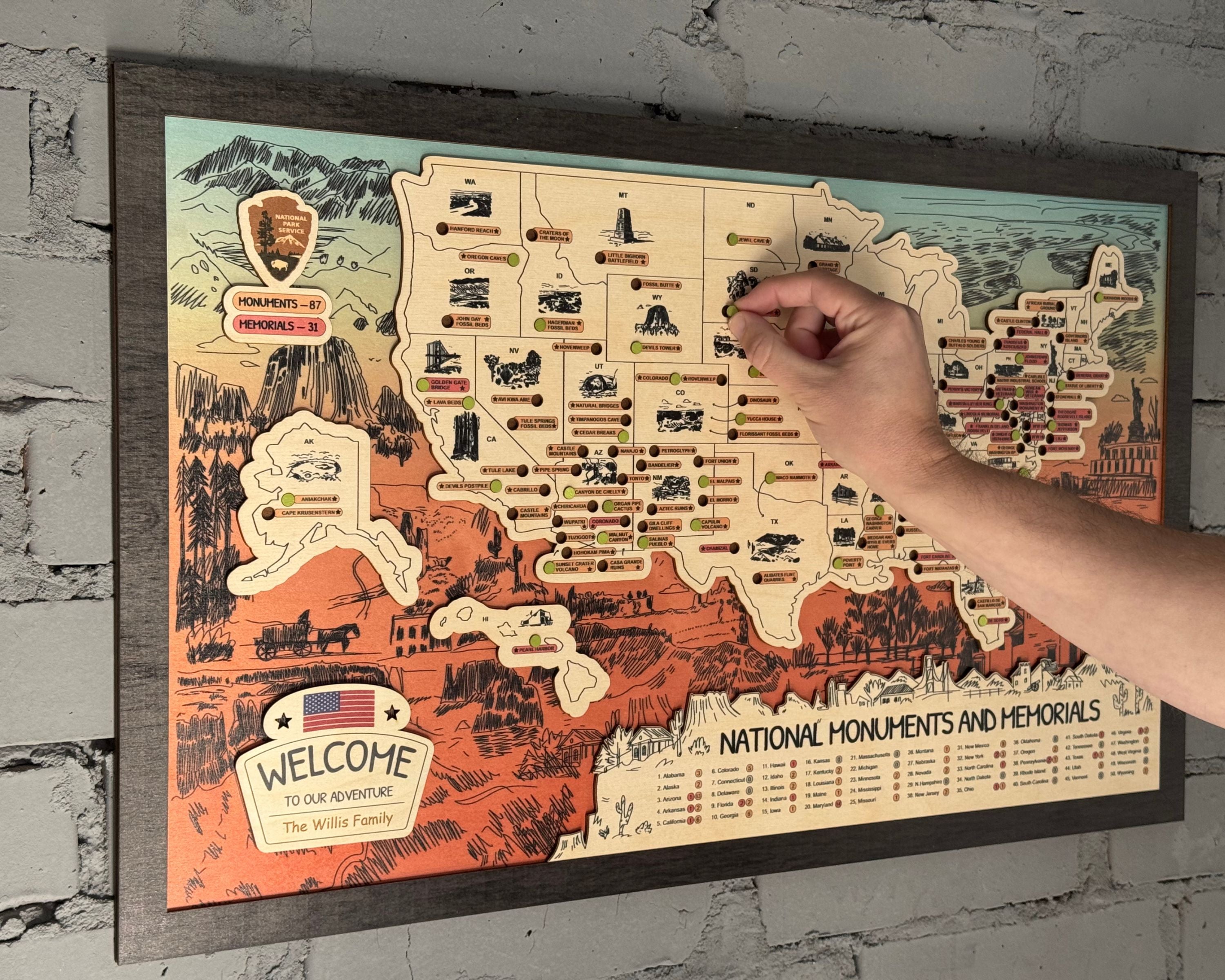 US Wooden National Monuments & Memorials Travel Map With Pins To Record Visits (Orange Design)