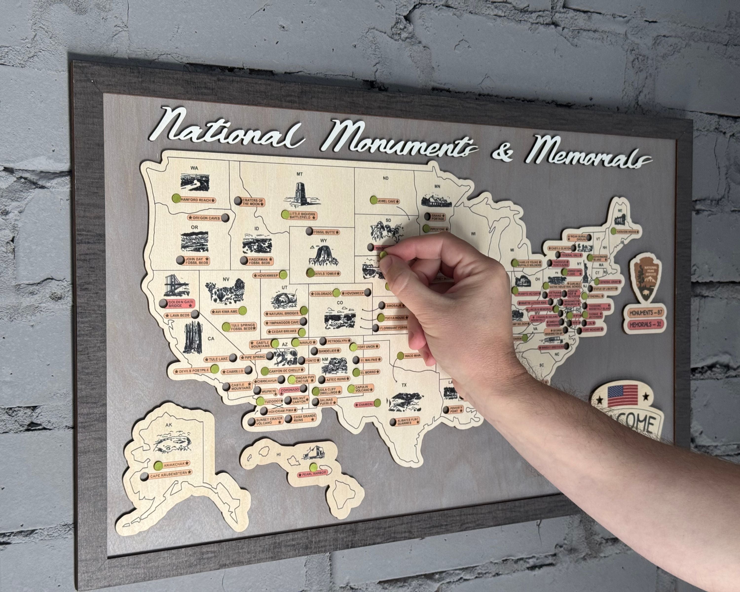 US Wooden National Monuments & Memorials Travel Map With Pins To Record Visits (Light Grey)