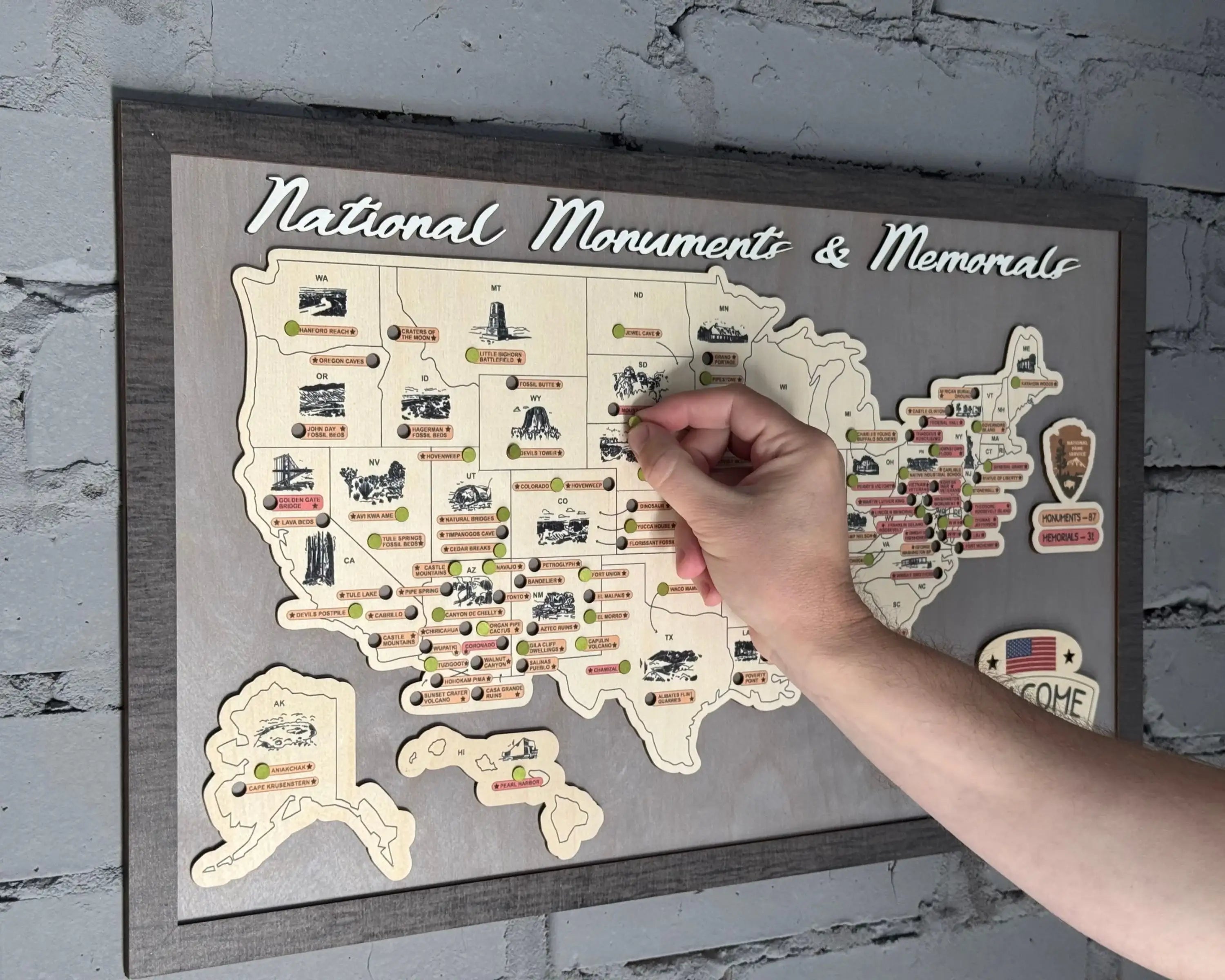 US Wooden National Monuments & Memorials Travel Map With Pins To Record Visits (Light Grey)