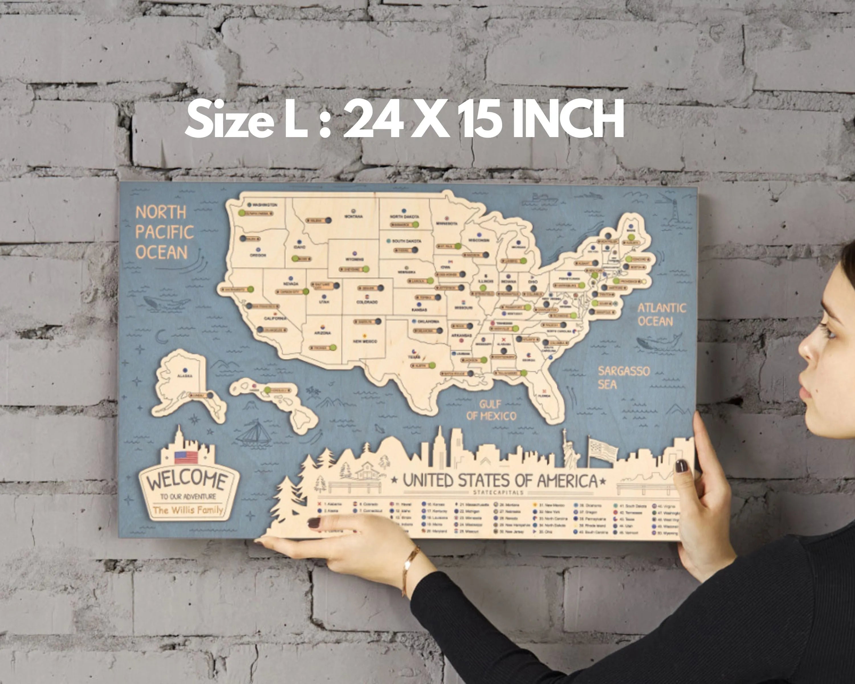 US 3D State Capitals Wooden Travel Map To Record Visits (New Blue)