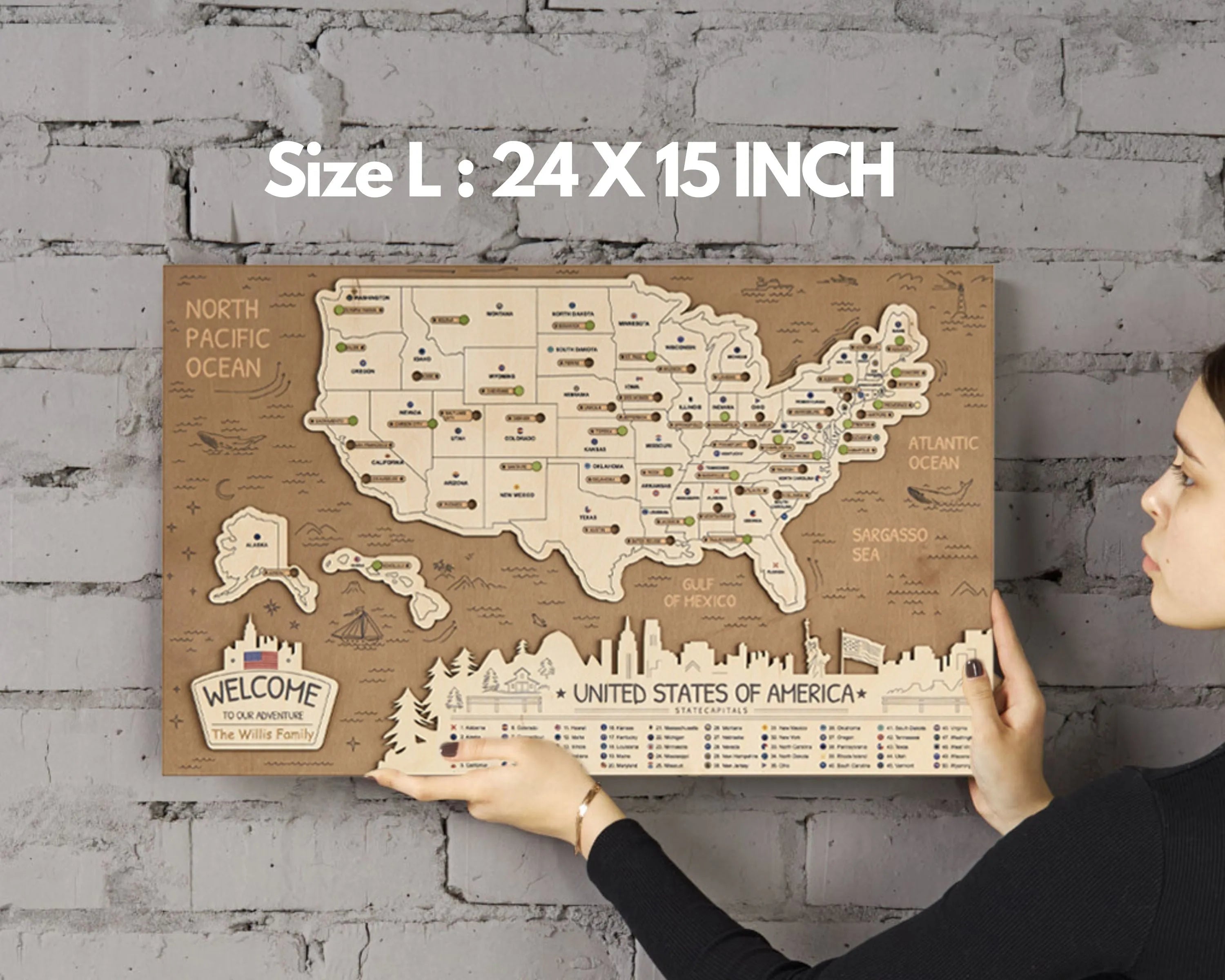 US 3D State Capitals Wooden Travel Map To Record Visits (New Brown)