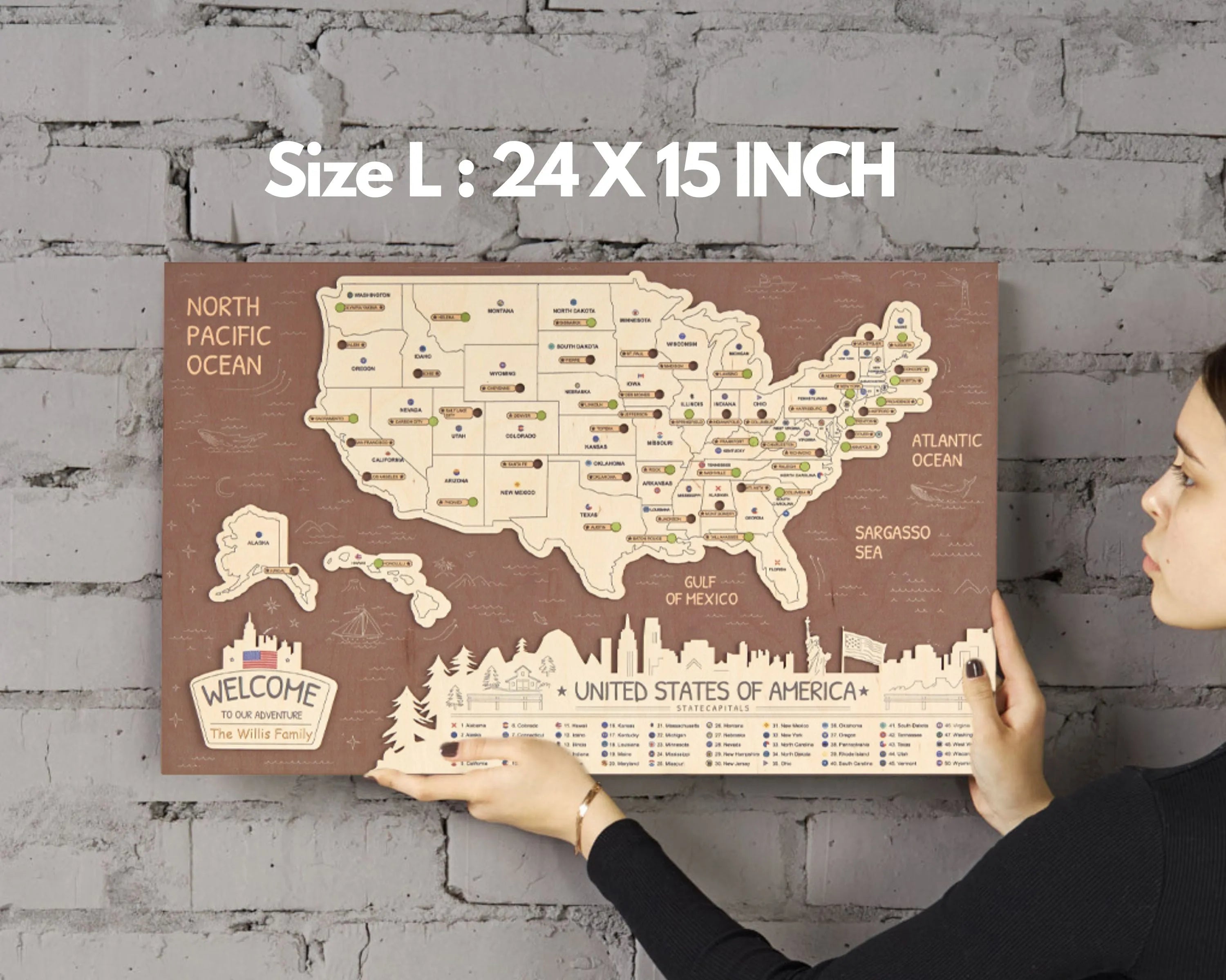 US 3D State Capitals Wooden Travel Map To Record Visits (New Coffee)