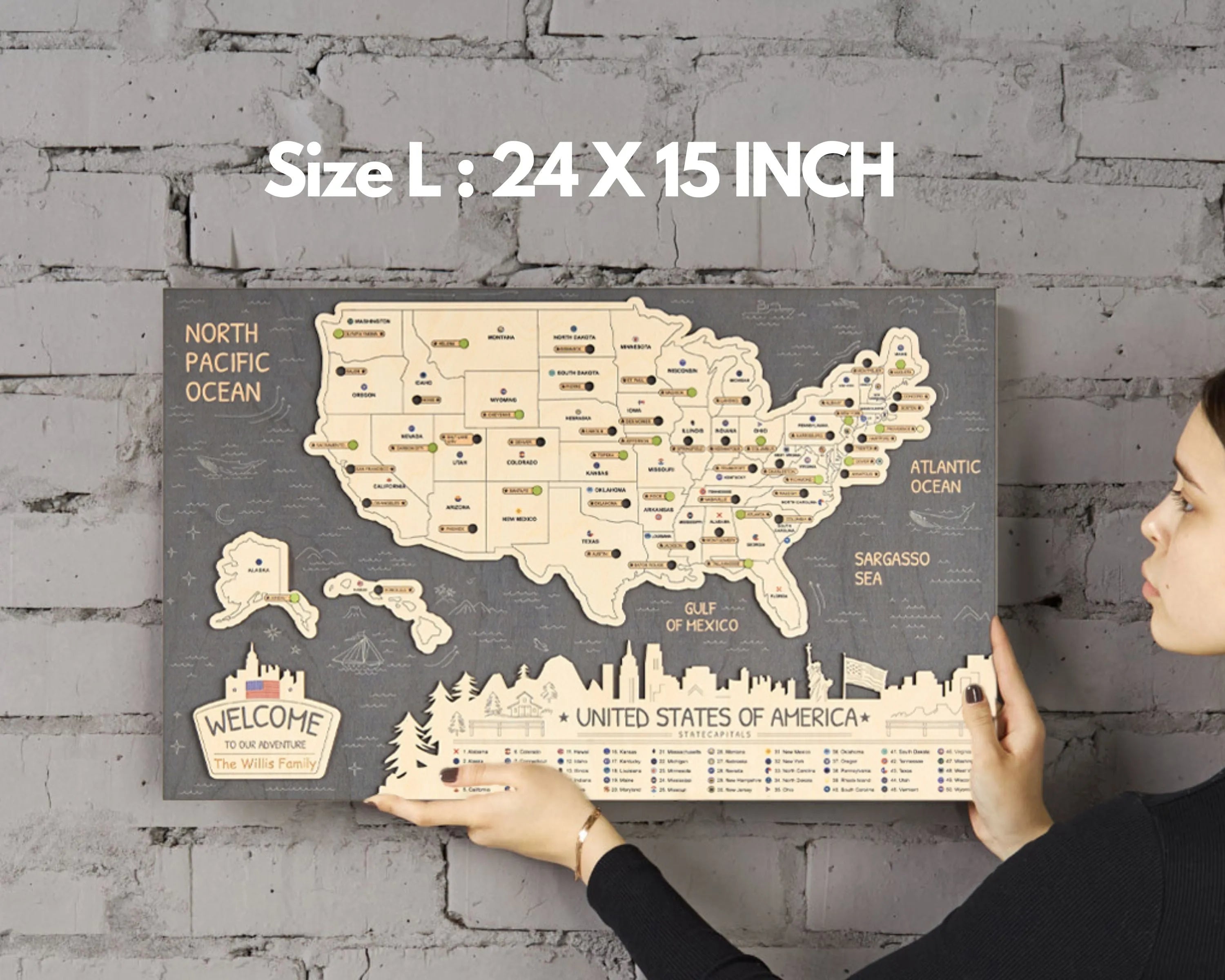 US 3D State Capitals Wooden Travel Map To Record Visits (New Dark)