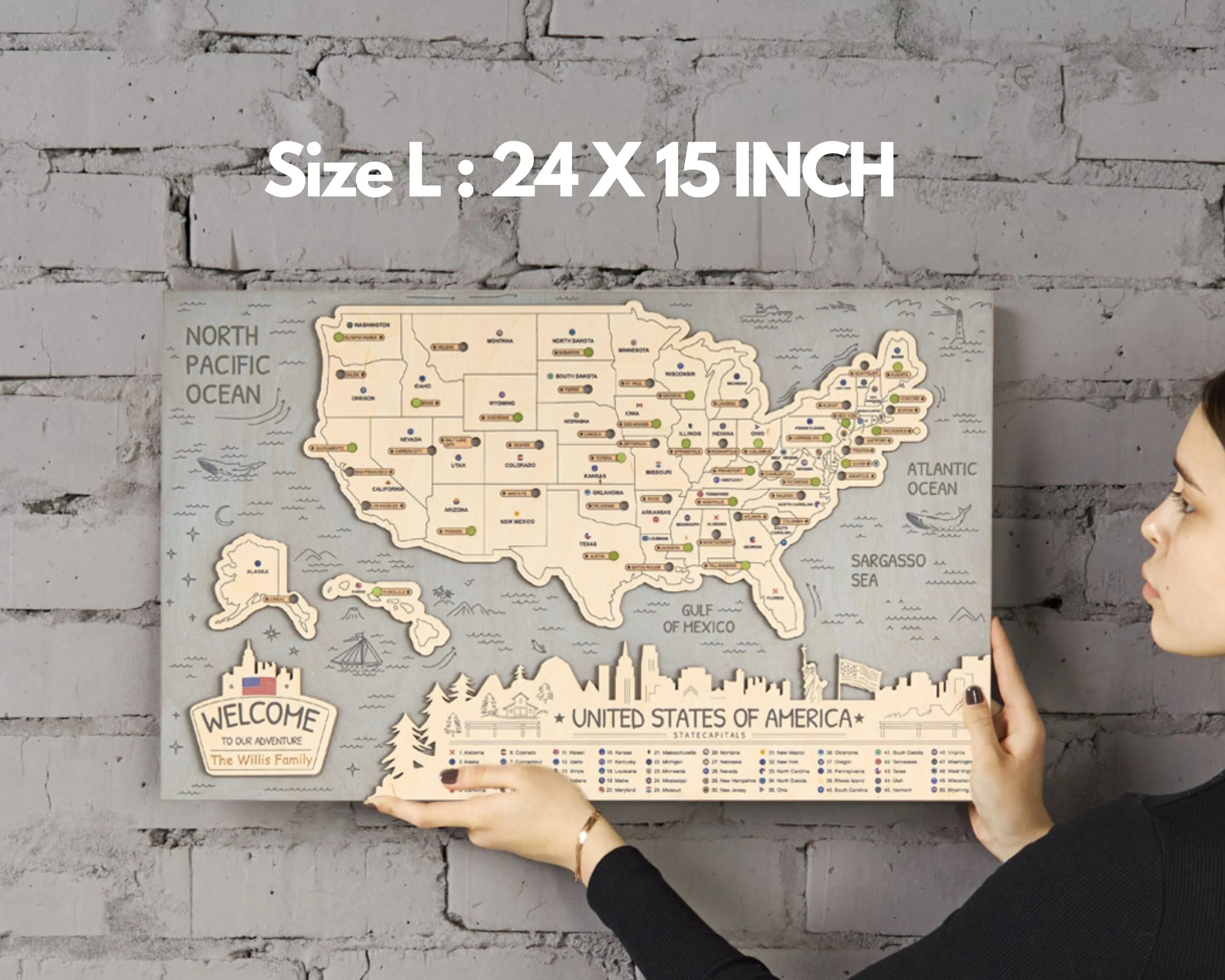 US 3D State Capitals Wooden Travel Map To Record Visits (New Light Grey)