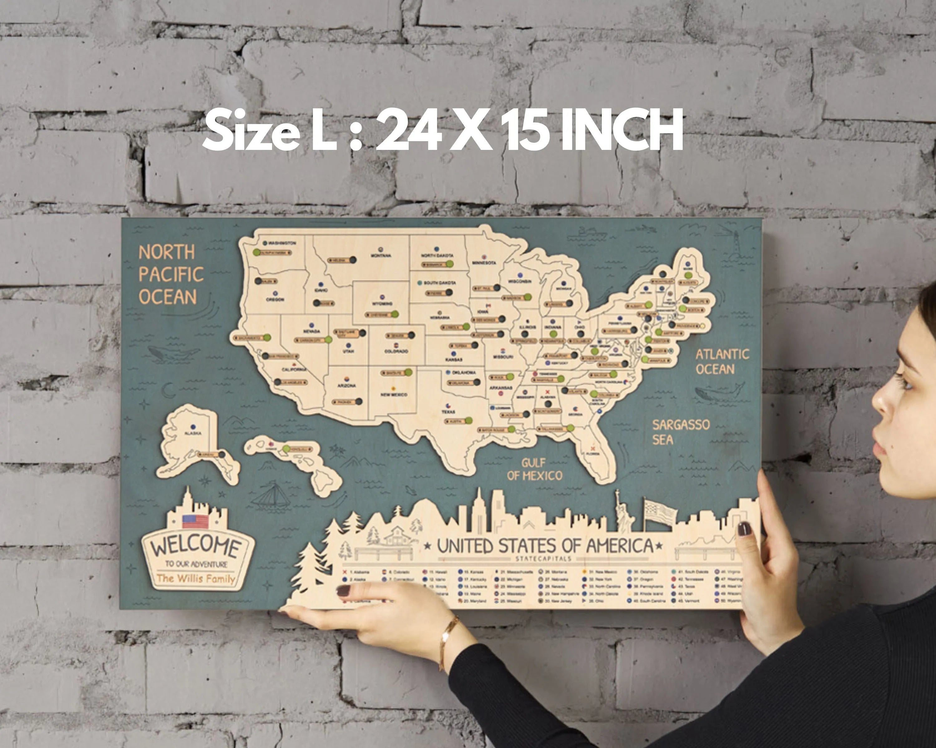 US 3D State Capitals Wooden Travel Map To Record Visits (New Sea Breeze)