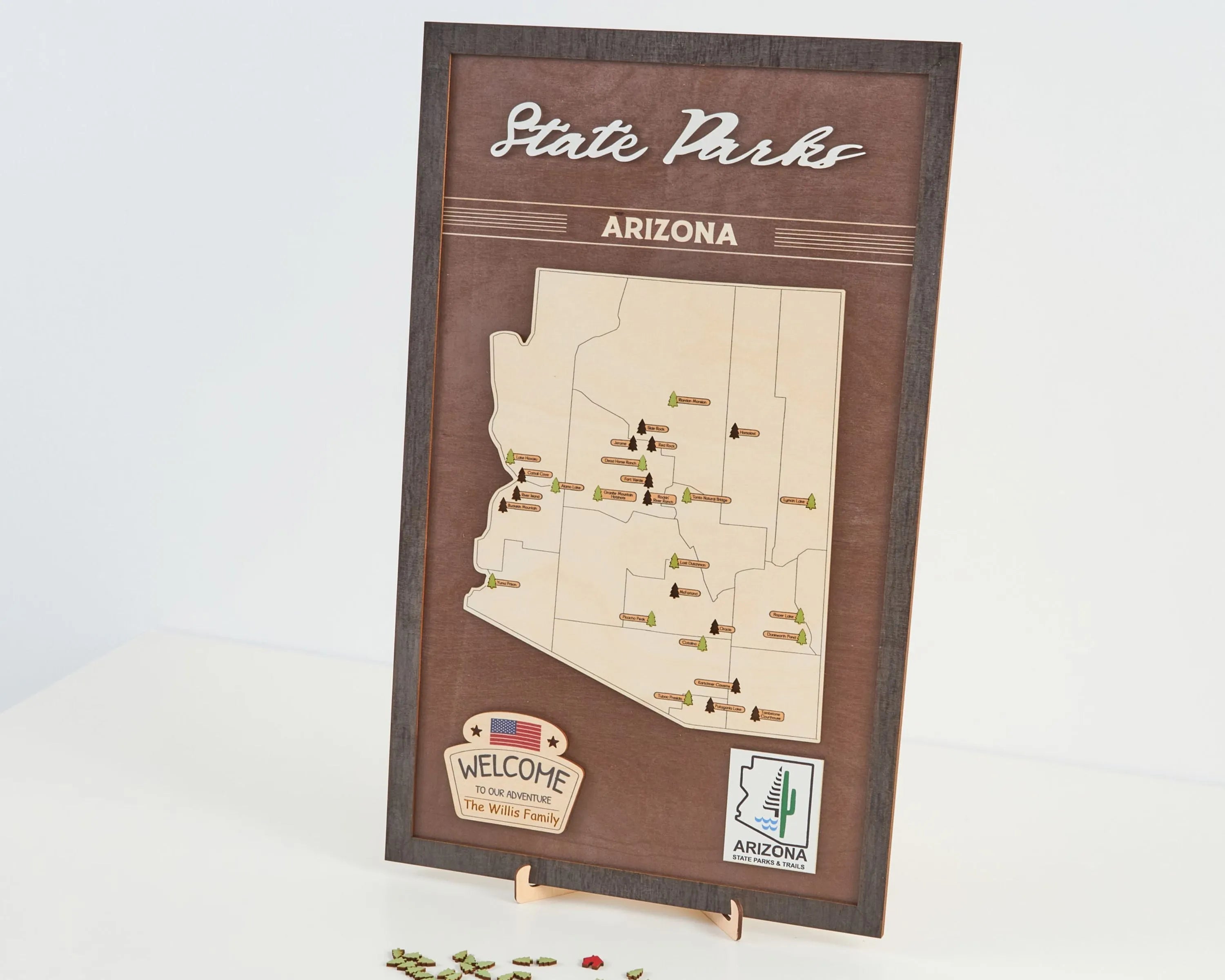 US Wooden Arizona State Parks Map With Trees To Record Park Visits (Coffee)