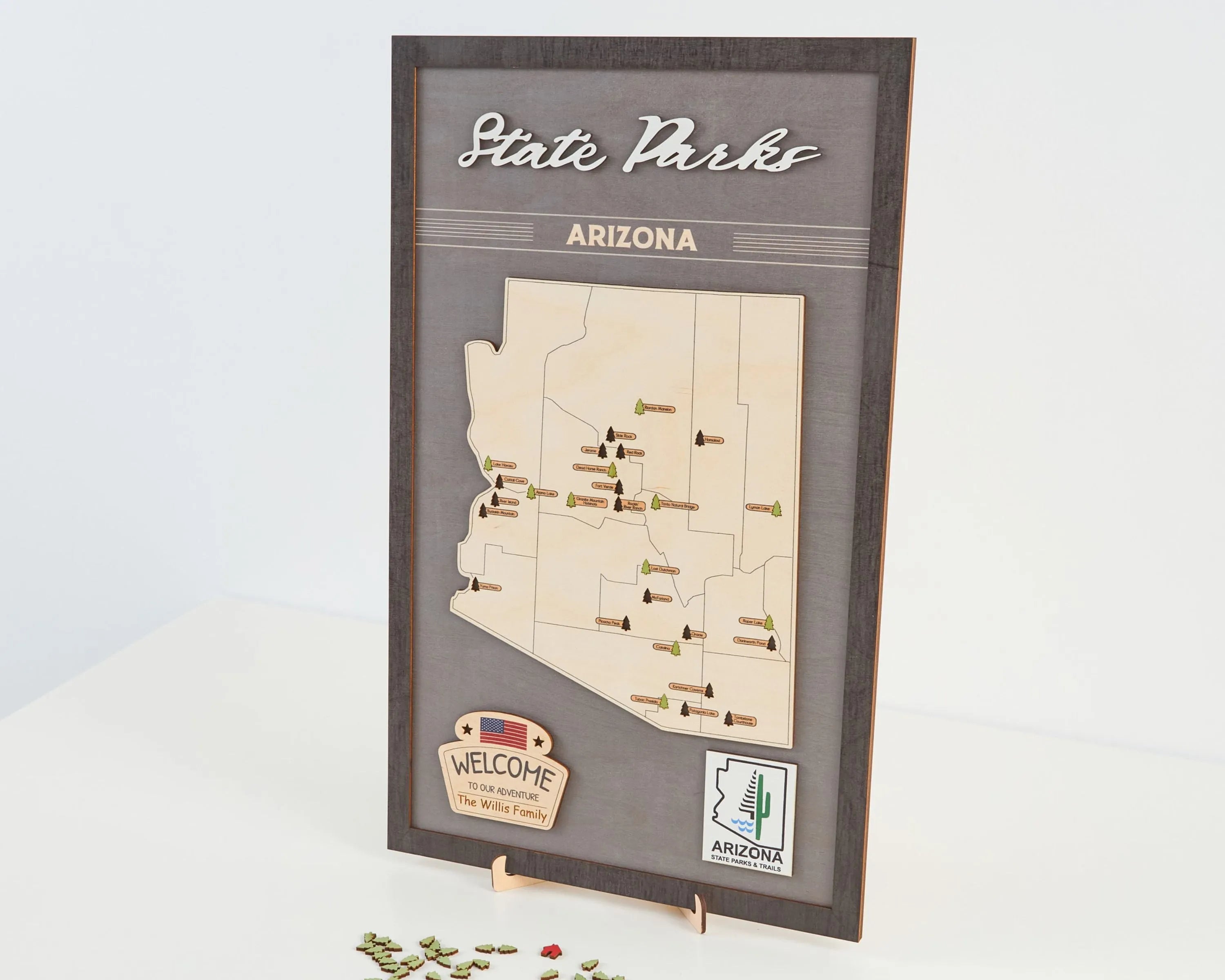 US Wooden Arizona State Parks Map With Trees To Record Park Visits (Light Grey)