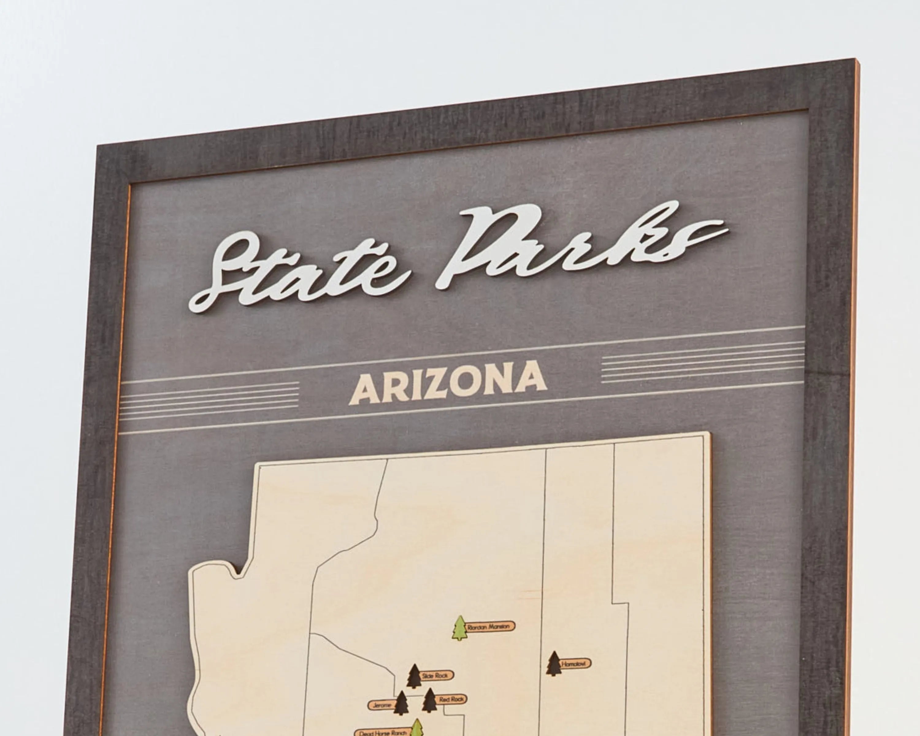 US Wooden Arizona State Parks Map With Trees To Record Park Visits (Light Grey)