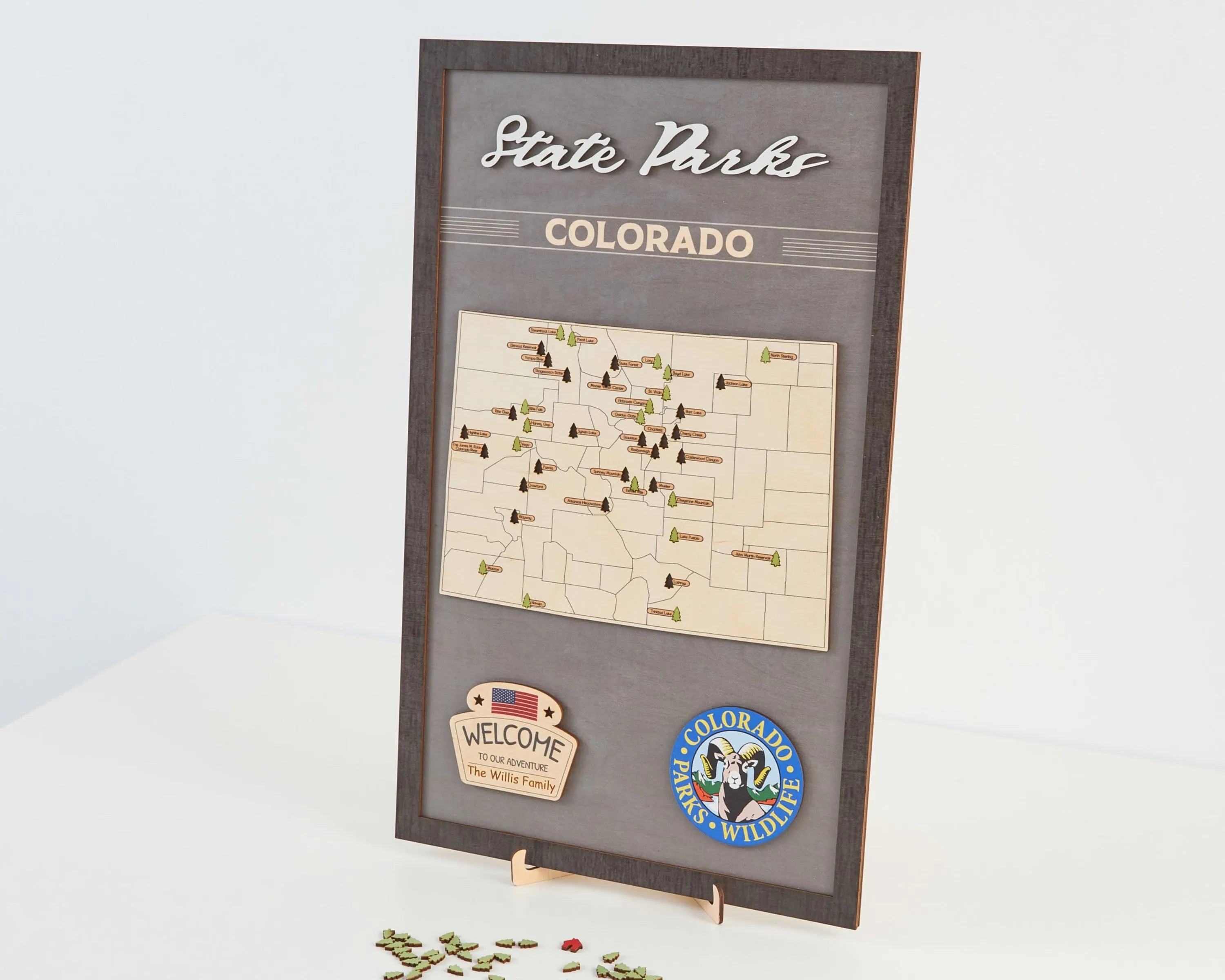 US Wooden Colorado State Parks Map With Trees To Record Park Visits (Light Grey)