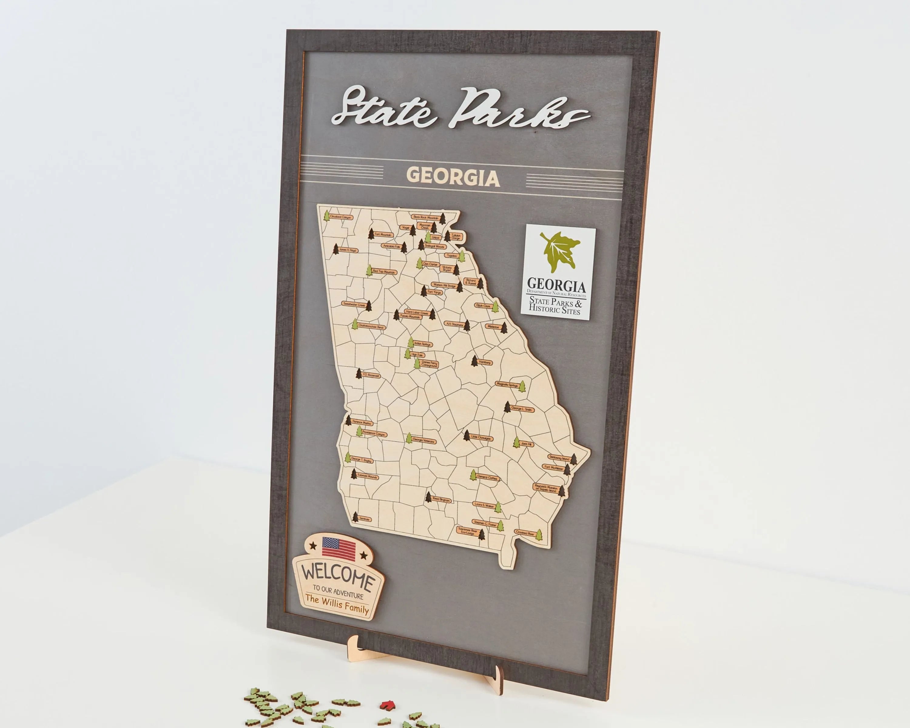 US Wooden Georgia State Parks Map With Trees To Record Park Visits (Light Grey)