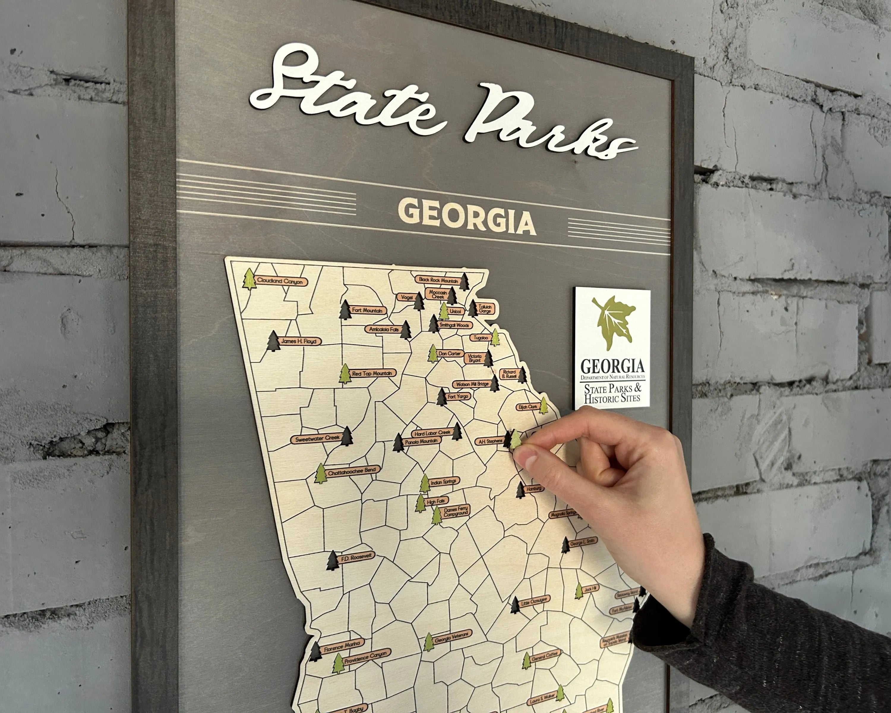 US Wooden Georgia State Parks Map With Trees To Record Park Visits (Light Grey)
