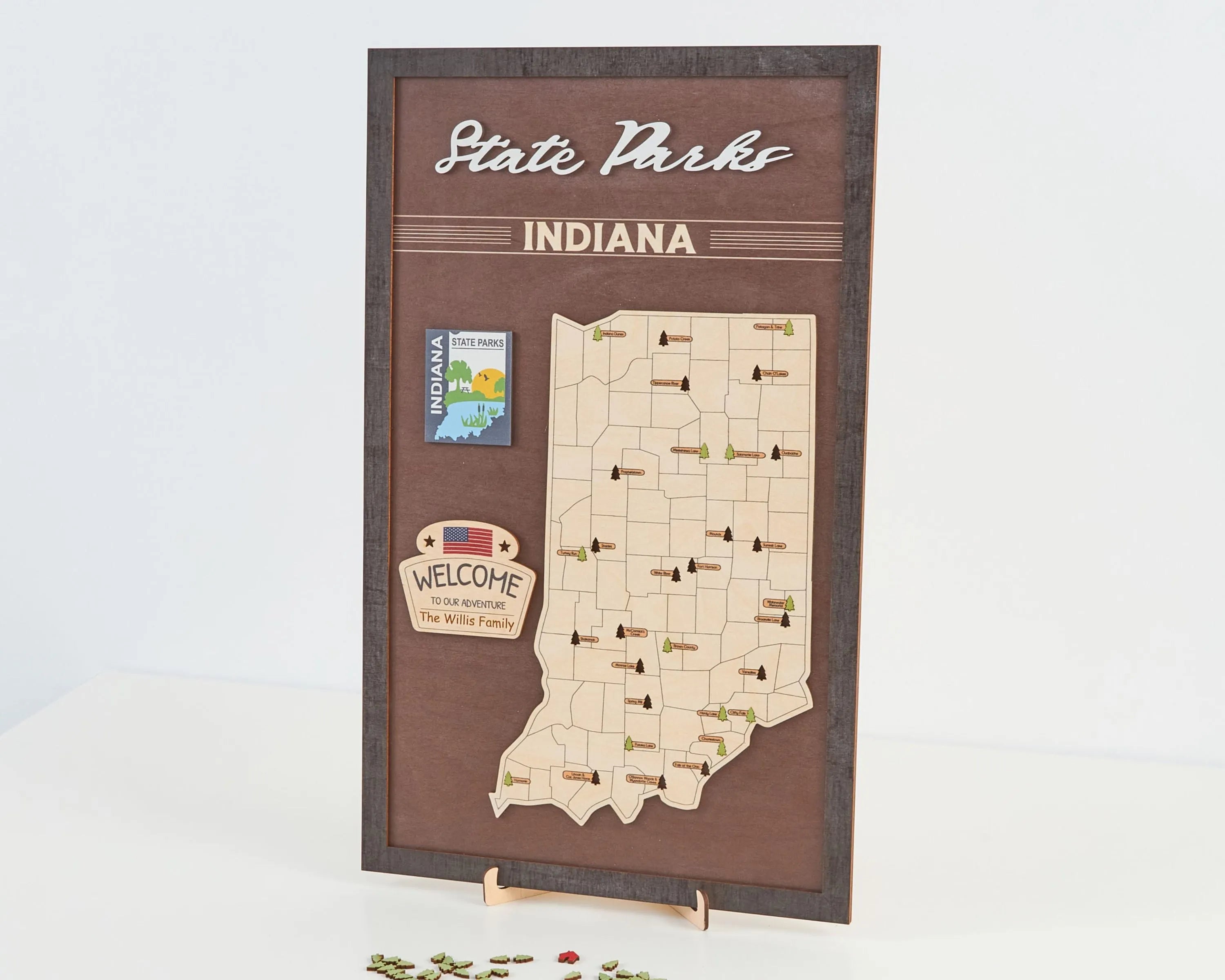 US Wooden Indiana State Parks Map With Trees To Record Park Visits (Coffee)