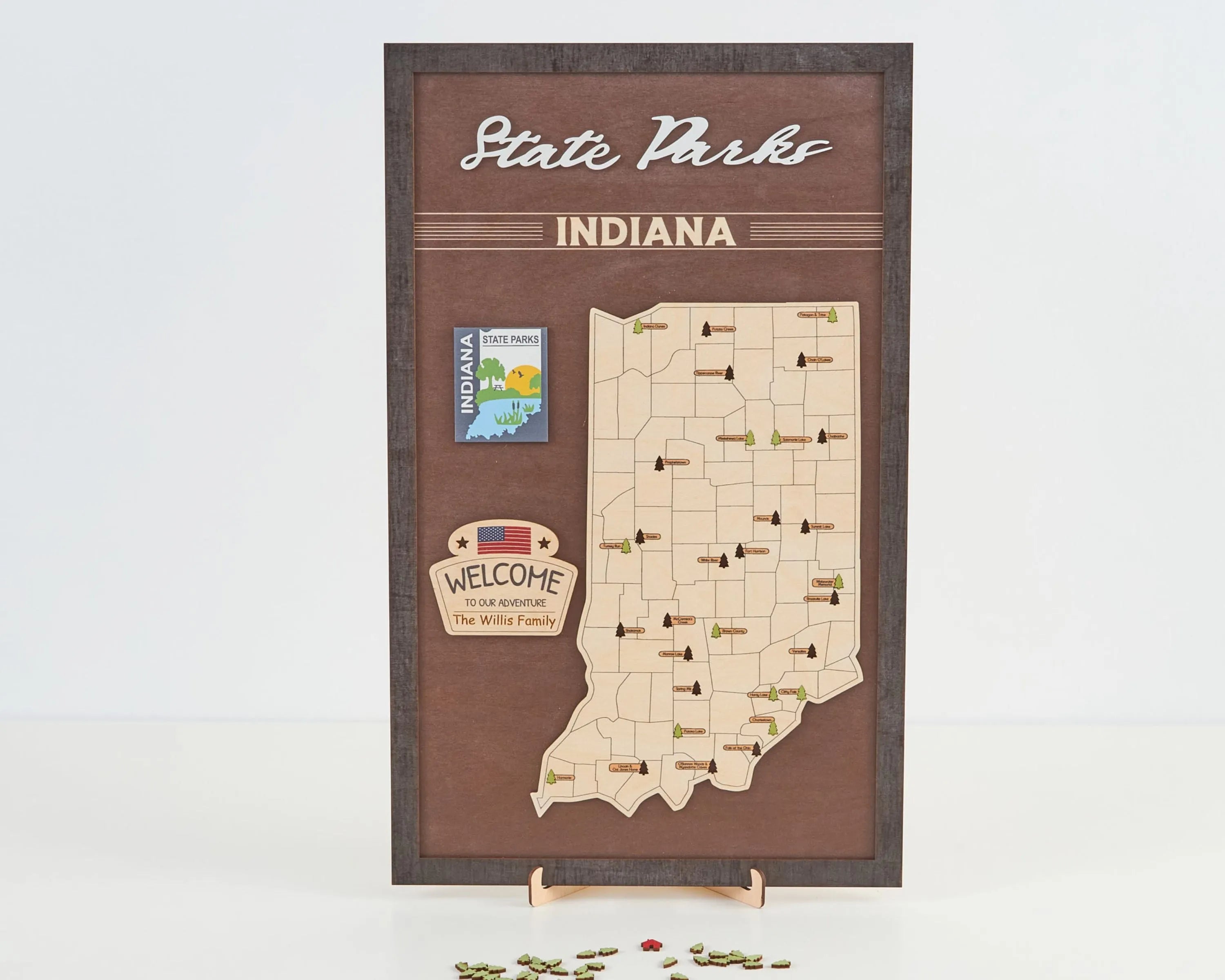 US Wooden Indiana State Parks Map With Trees To Record Park Visits (Coffee)