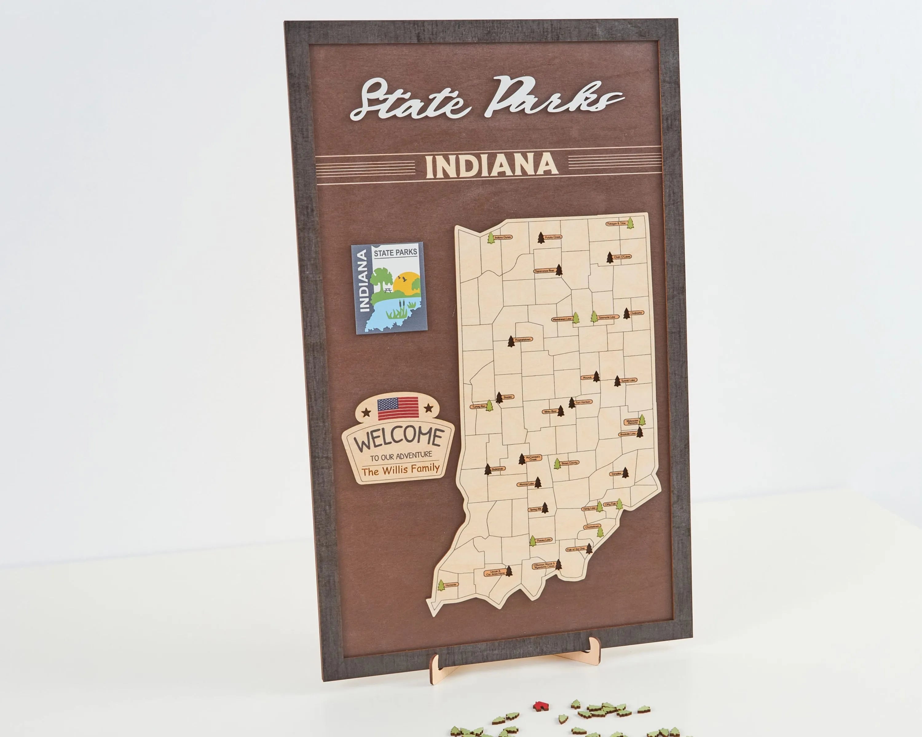 US Wooden Indiana State Parks Map With Trees To Record Park Visits (Coffee)