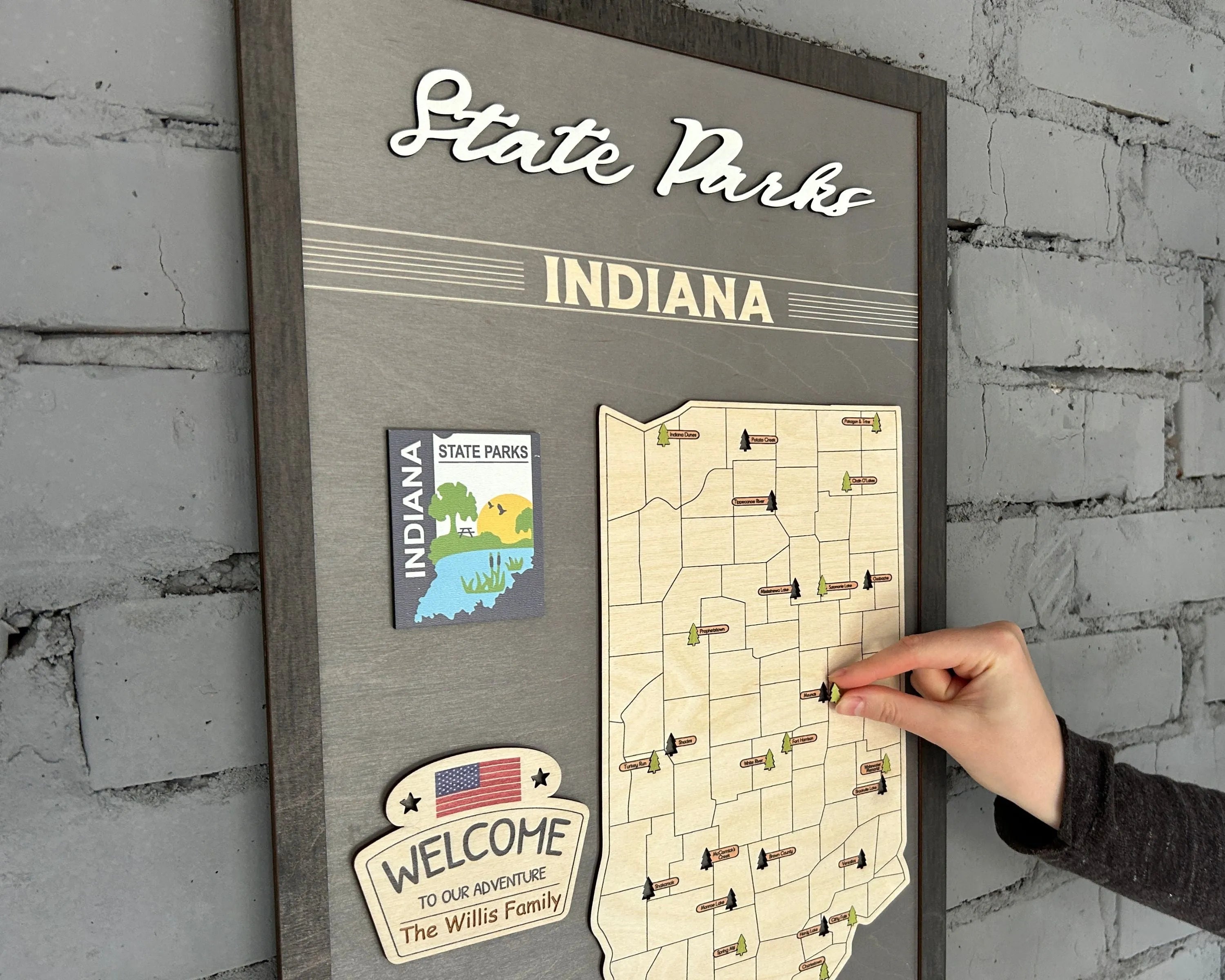 US Wooden Indiana State Parks Map With Trees To Record Park Visits (Light Grey)