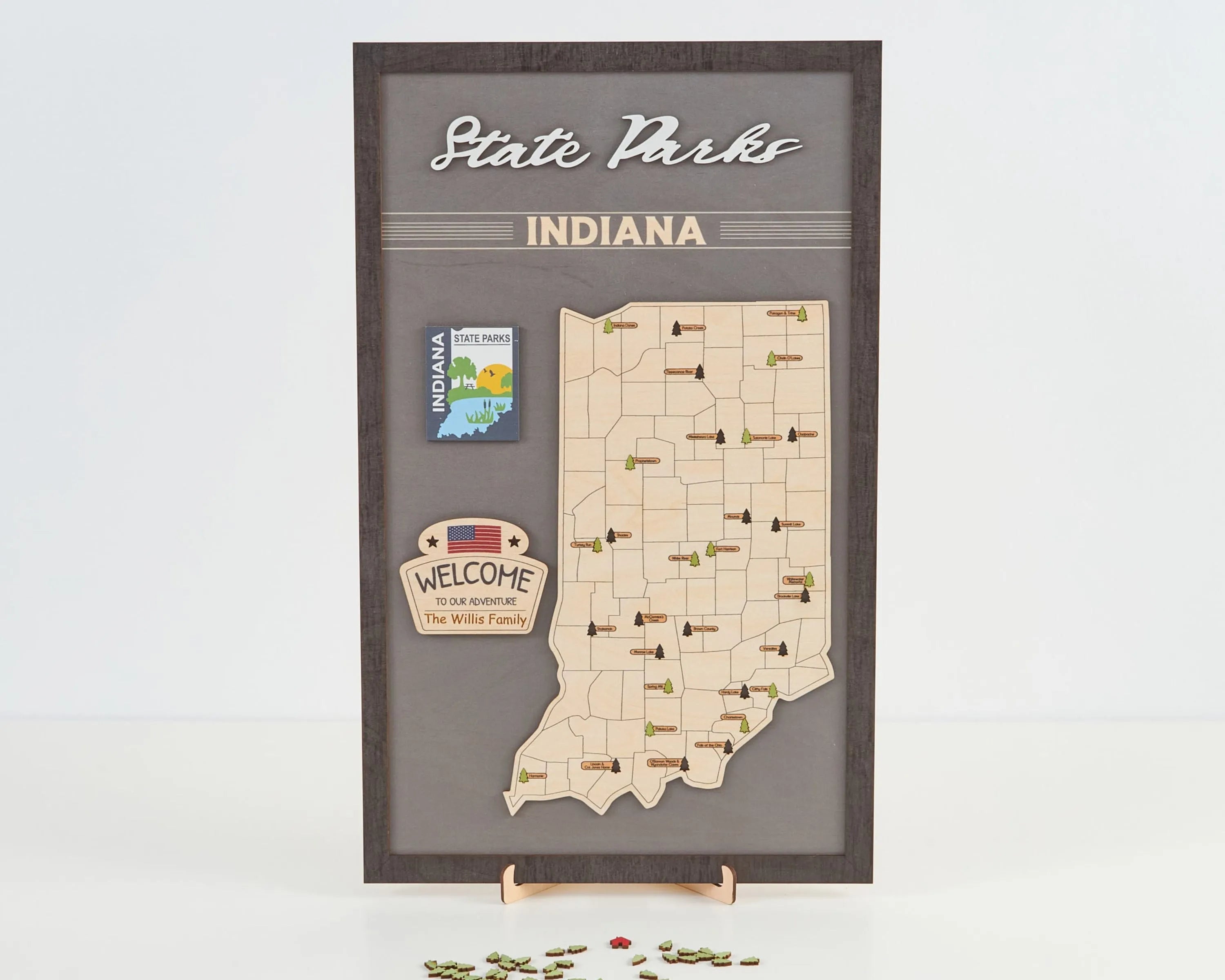 US Wooden Indiana State Parks Map With Trees To Record Park Visits (Light Grey)