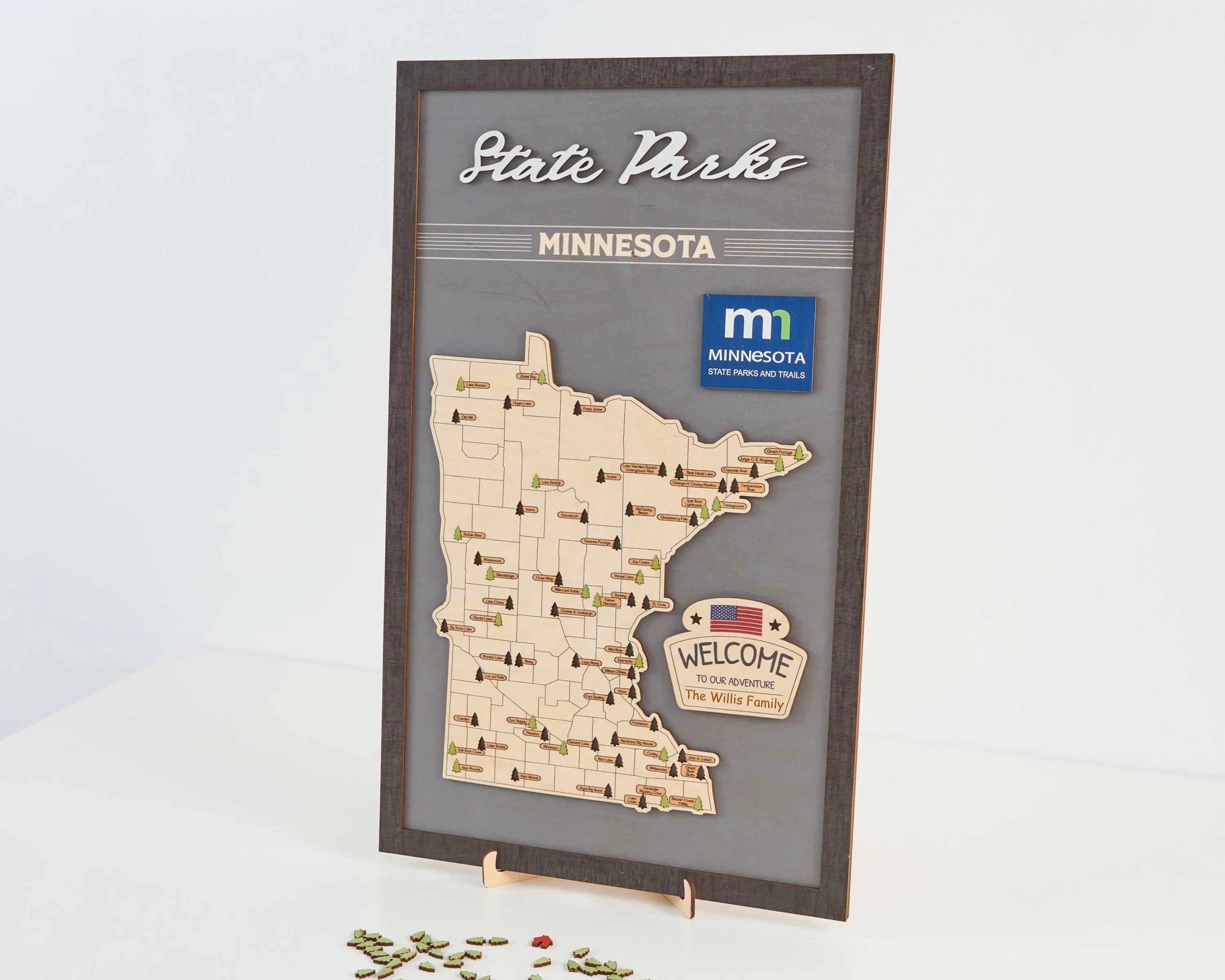 US Wooden Minnesota State Parks Map With Trees To Record Park Visits (Light Grey)