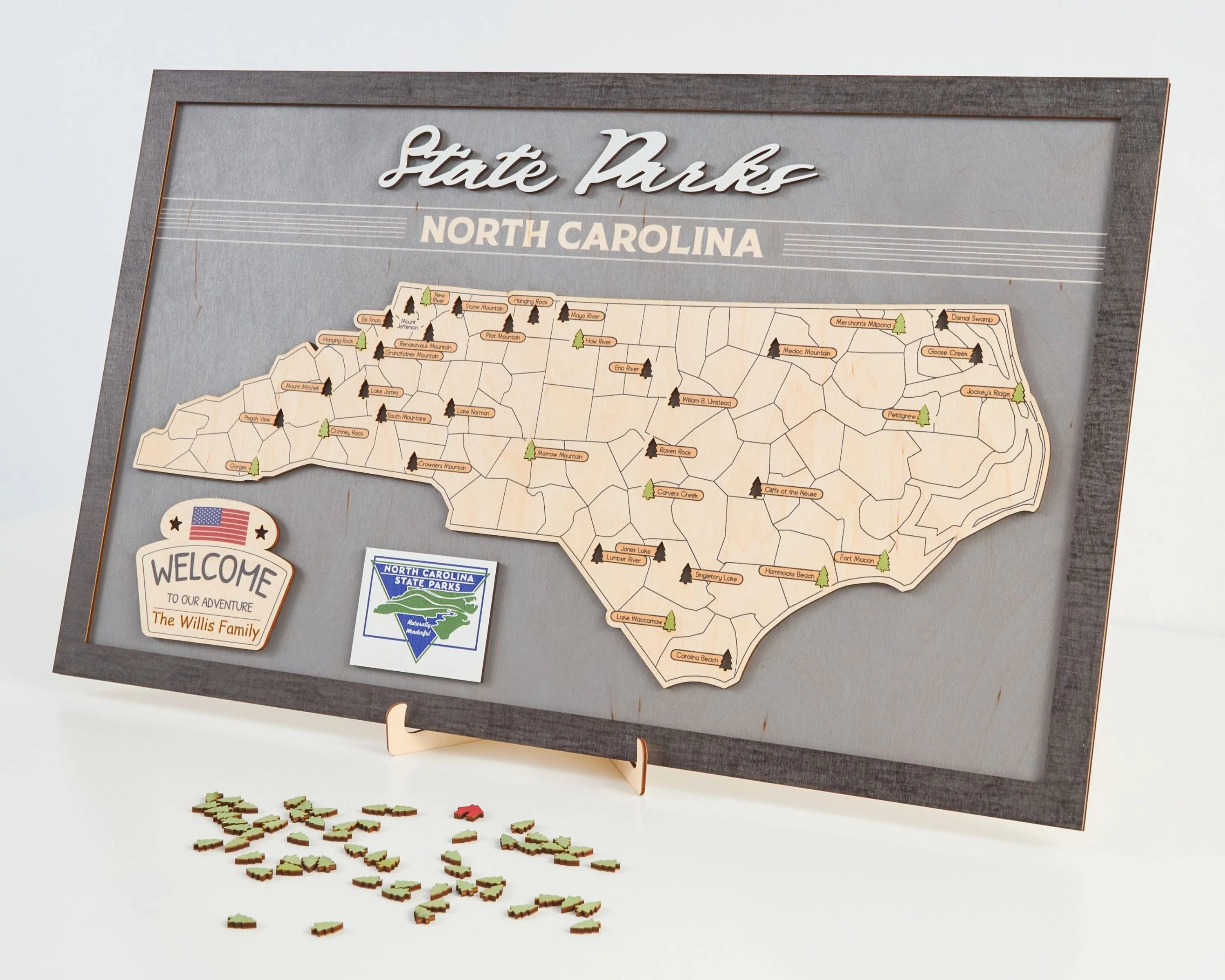 US Wooden North Carolina State Parks Map With Trees To Record Park Visits (Light Grey)