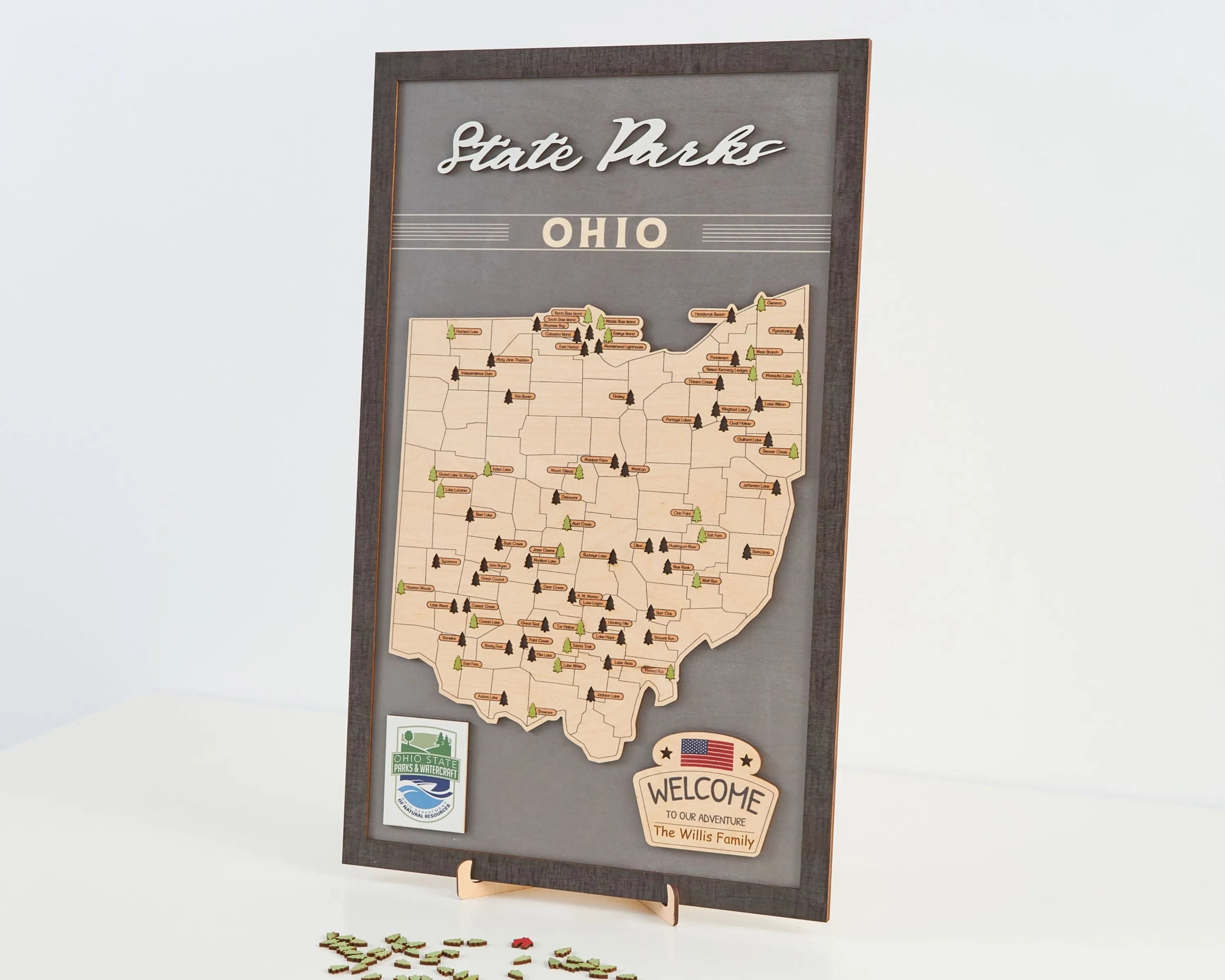 US Wooden Ohio State Parks Map With Trees To Record Park Visits (Light Grey)