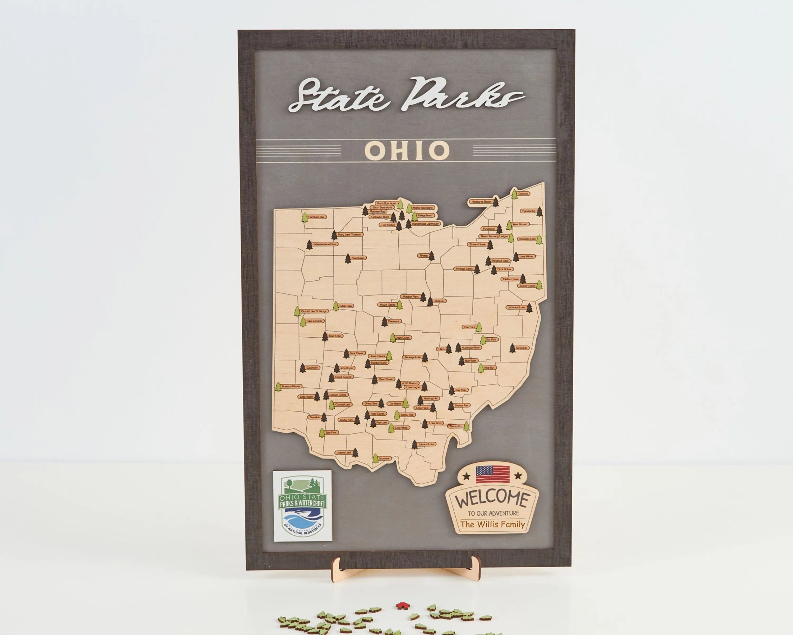 US Wooden Ohio State Parks Map With Trees To Record Park Visits (Light Grey)