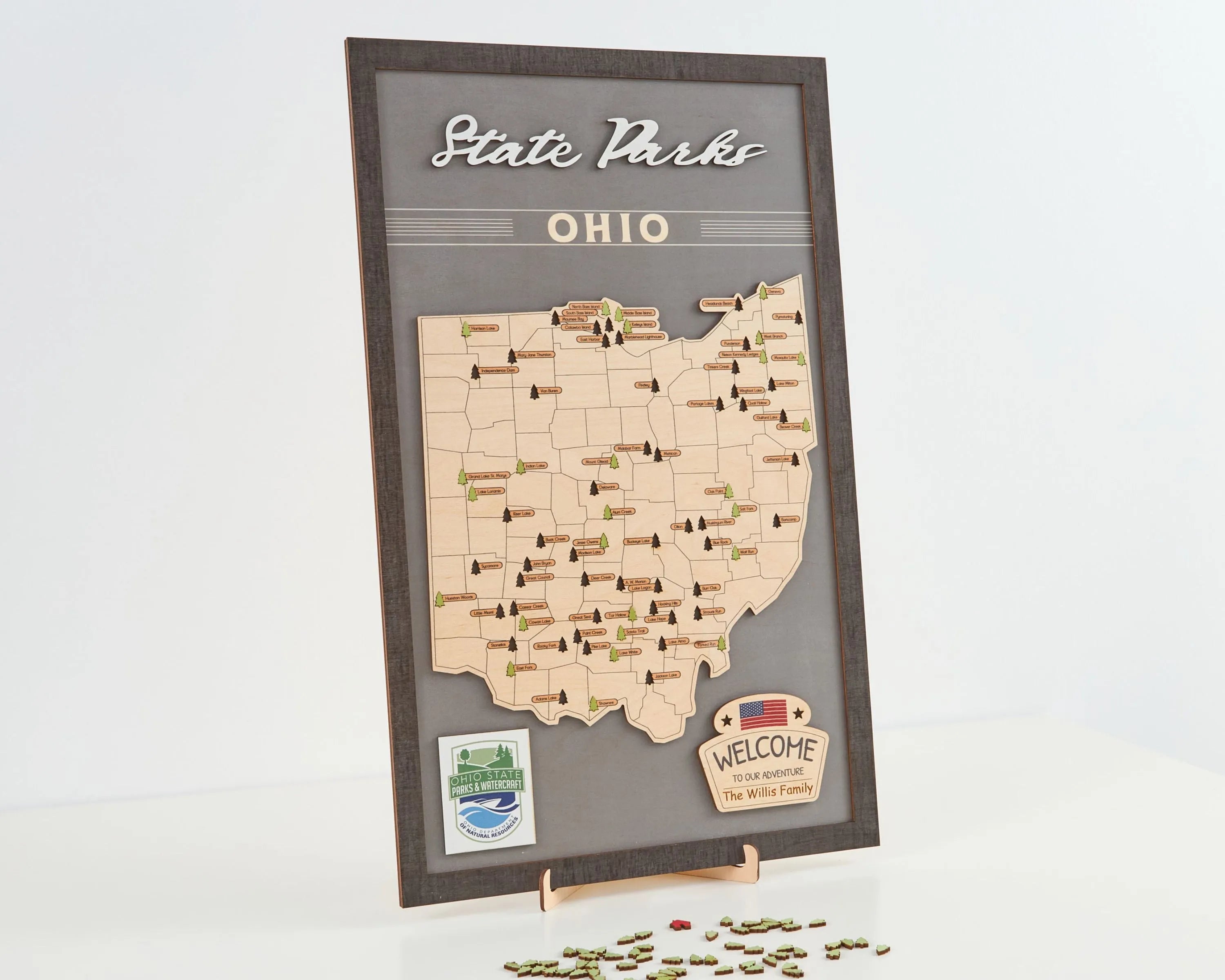US Wooden Ohio State Parks Map With Trees To Record Park Visits (Light Grey)
