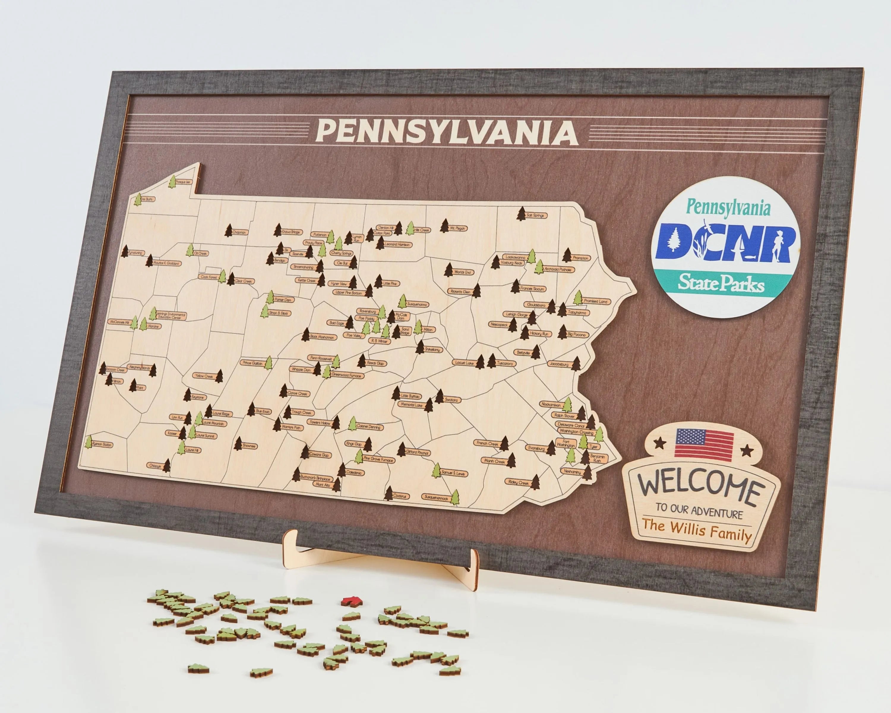 US Wooden Pennsylvania State Parks Map With Trees To Record Park Visits (Coffee)