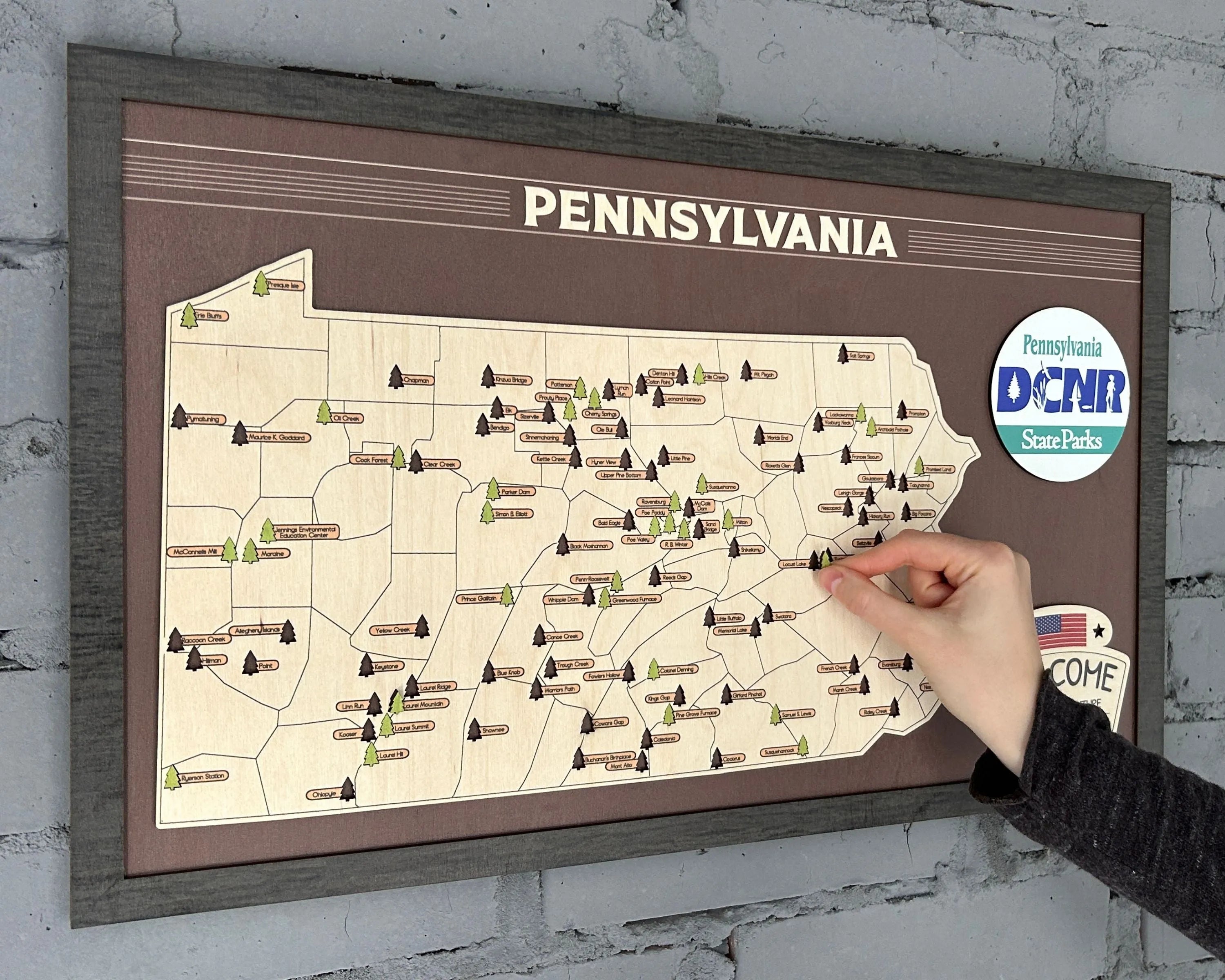 US Wooden Pennsylvania State Parks Map With Trees To Record Park Visits (Coffee)