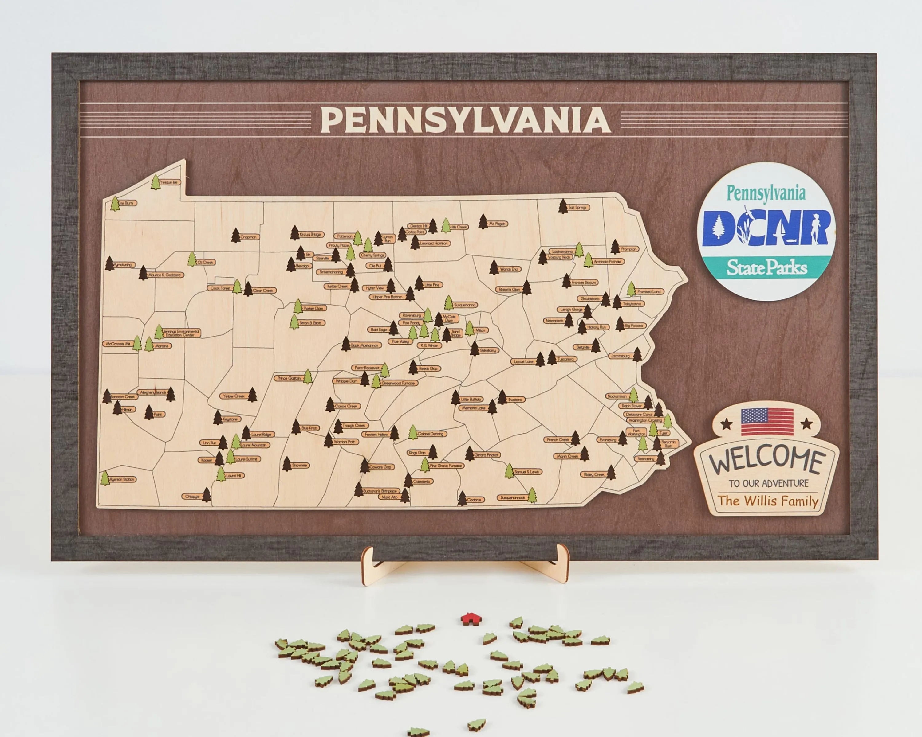 US Wooden Pennsylvania State Parks Map With Trees To Record Park Visits (Coffee)