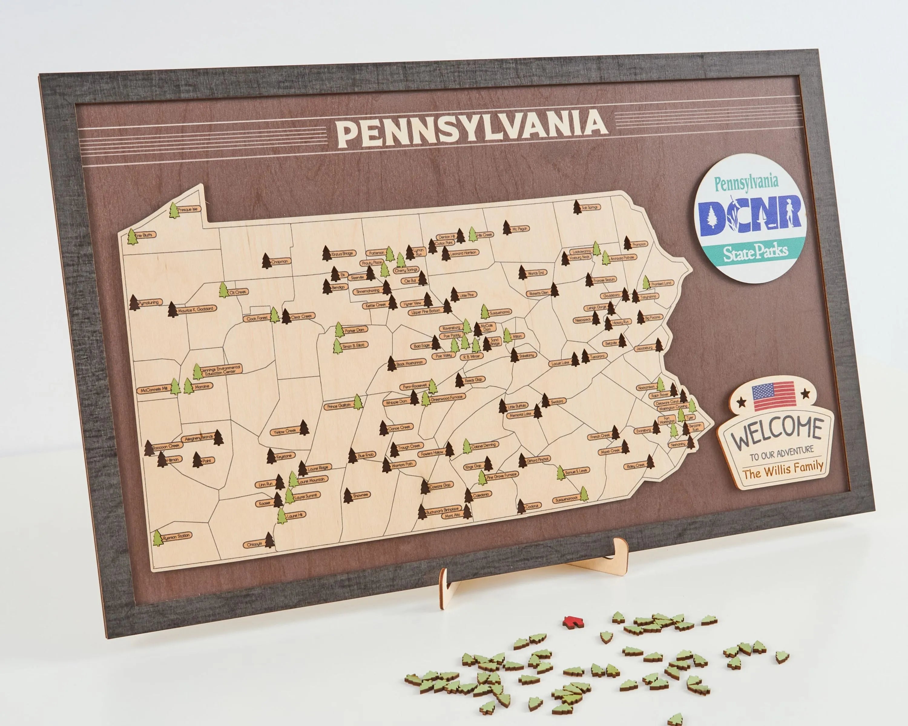 US Wooden Pennsylvania State Parks Map With Trees To Record Park Visits (Coffee)