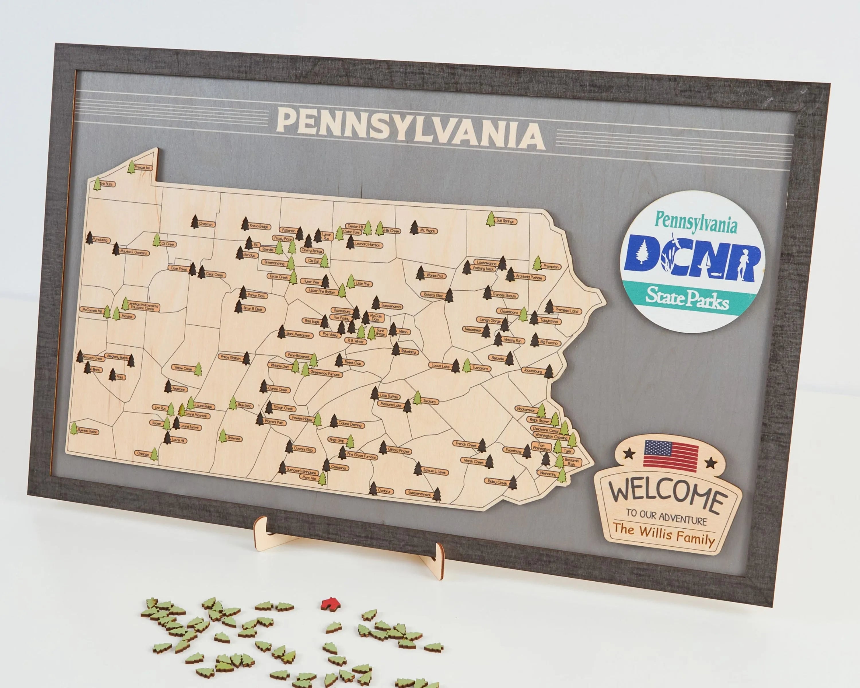 US Wooden Pennsylvania State Parks Map With Trees To Record Park Visits (Light Grey)