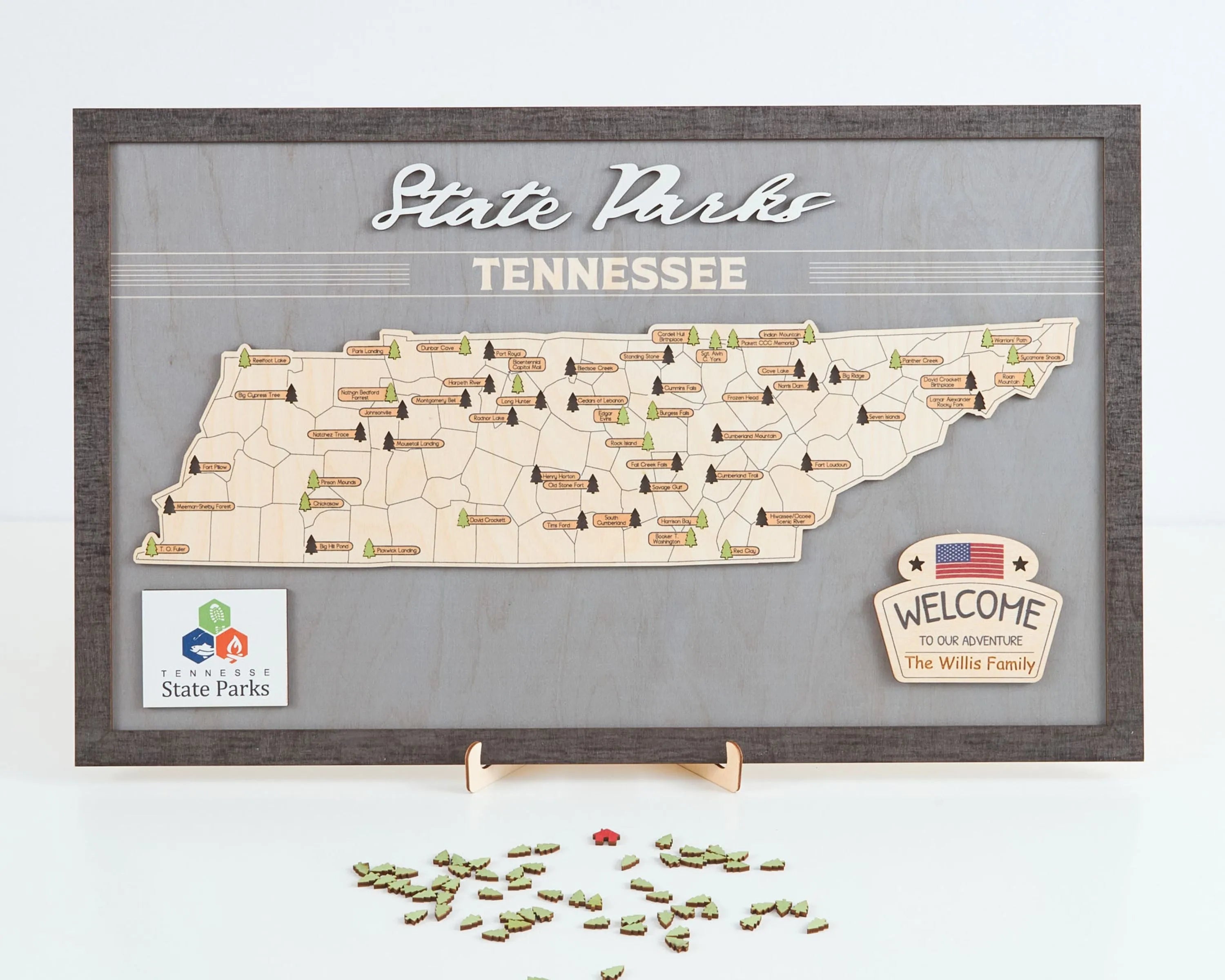 US Wooden Tennessee State Parks Map With Trees To Record Park Visits (Light Grey)