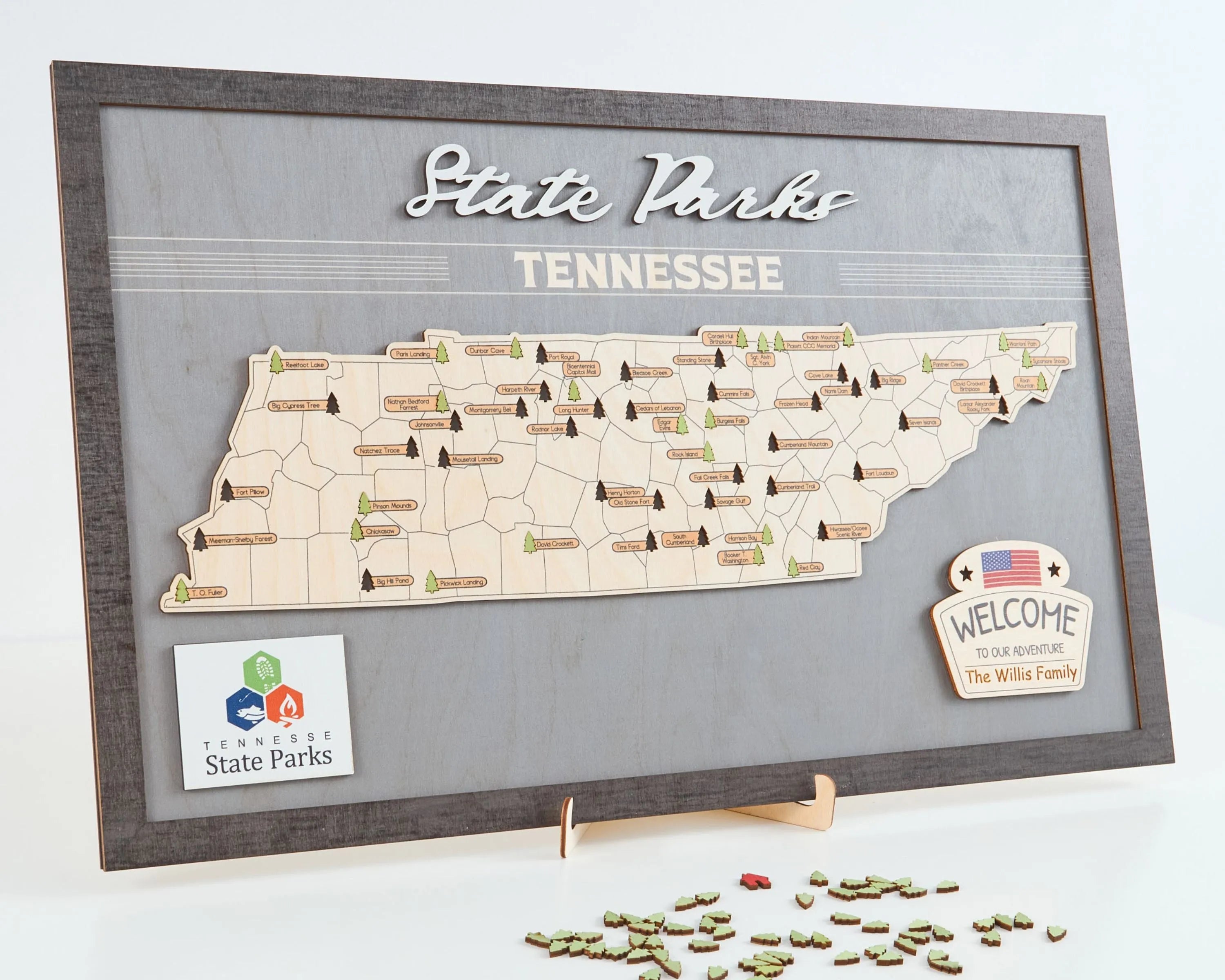 US Wooden Tennessee State Parks Map With Trees To Record Park Visits (Light Grey)