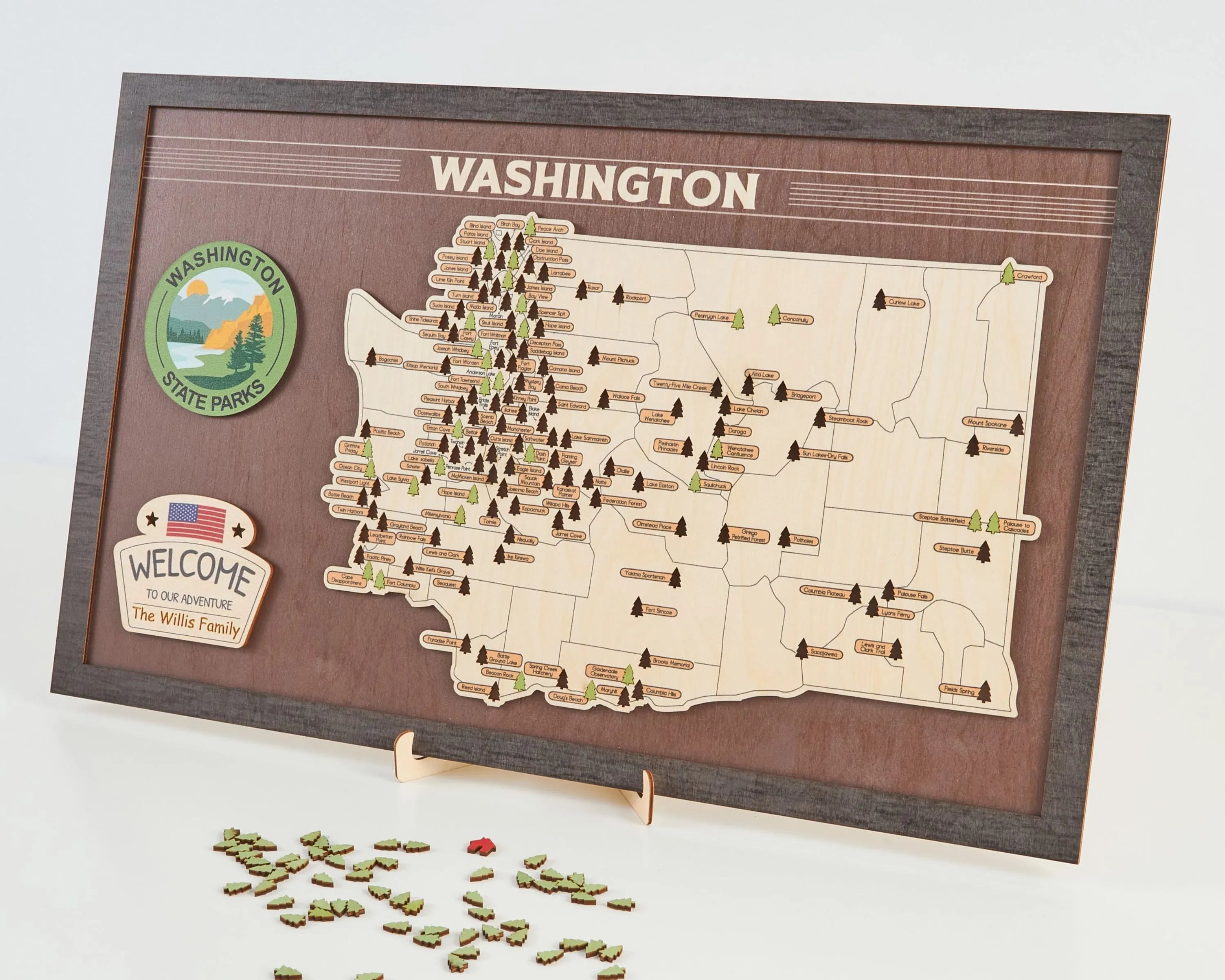 US Wooden Washington State Parks Map With Trees To Record Park Visits (Coffee)