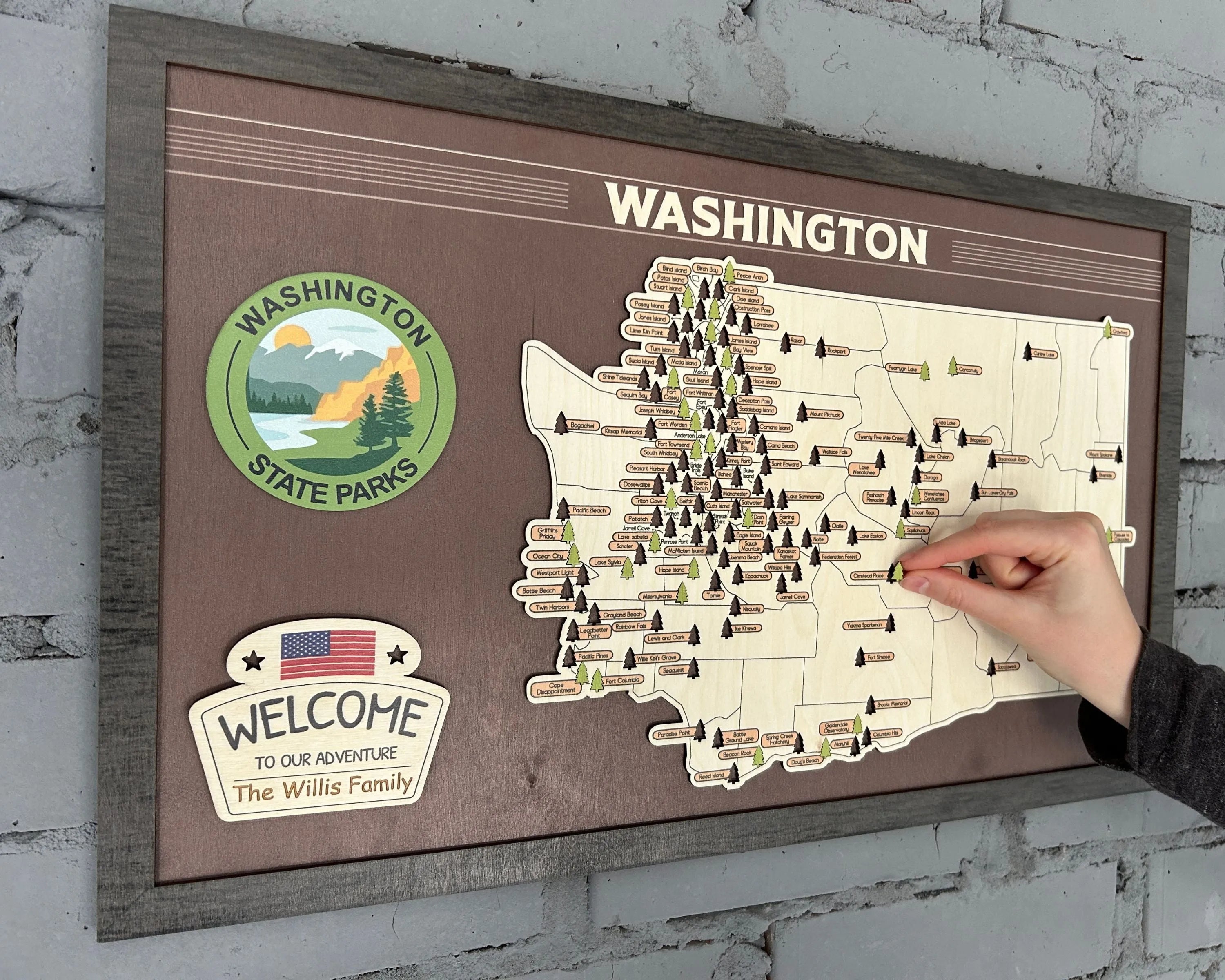US Wooden Washington State Parks Map With Trees To Record Park Visits (Coffee)