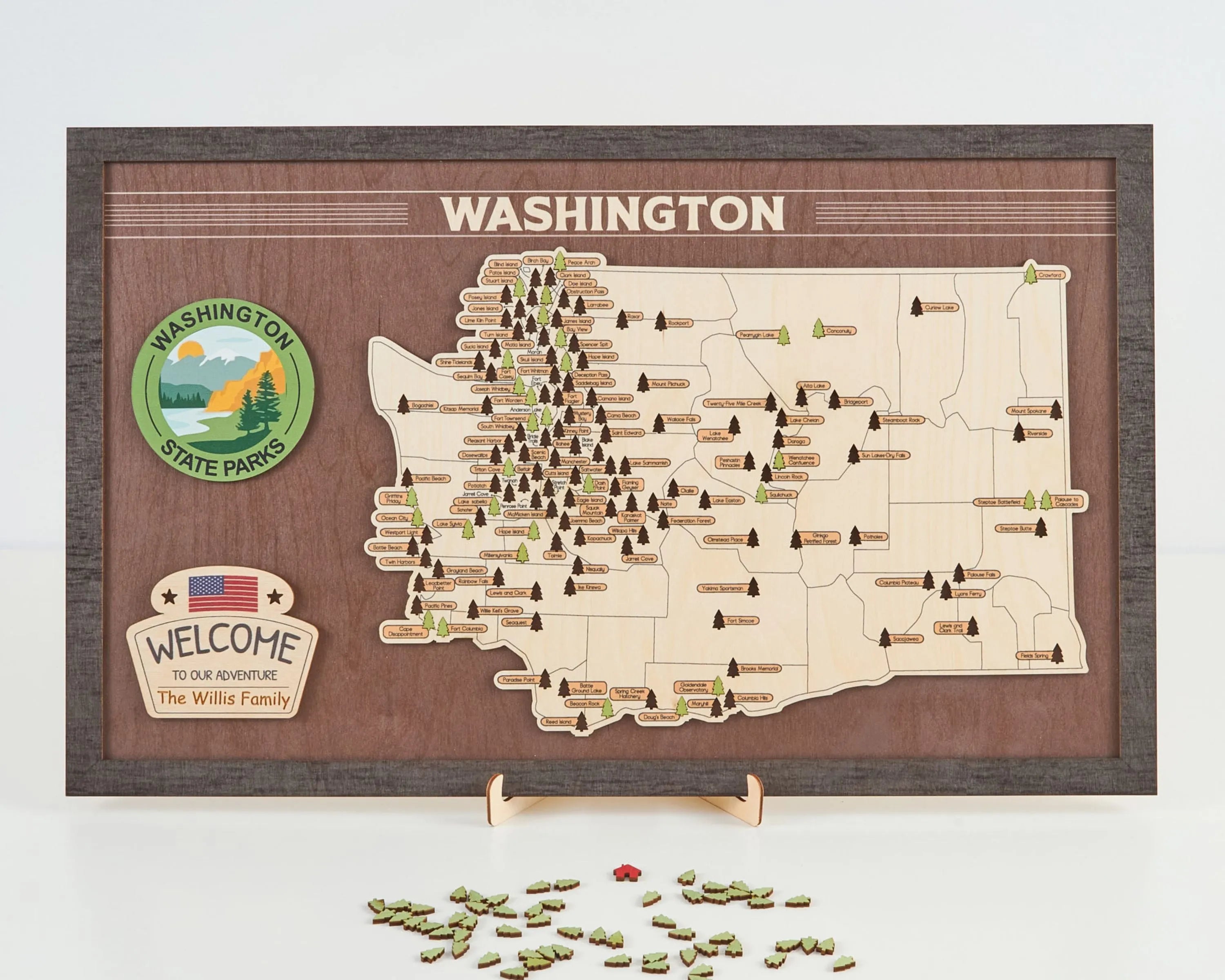 US Wooden Washington State Parks Map With Trees To Record Park Visits (Coffee)