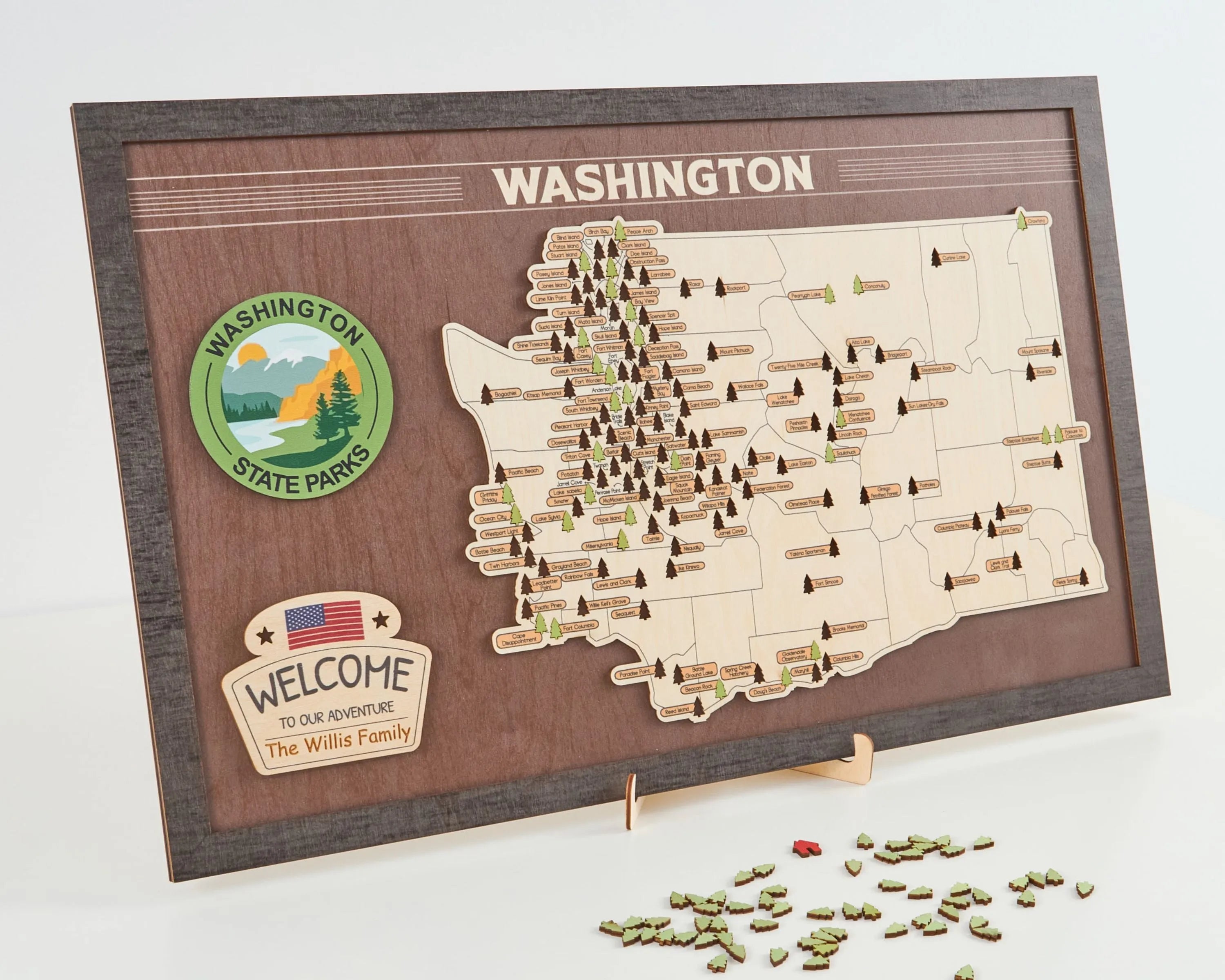US Wooden Washington State Parks Map With Trees To Record Park Visits (Coffee)