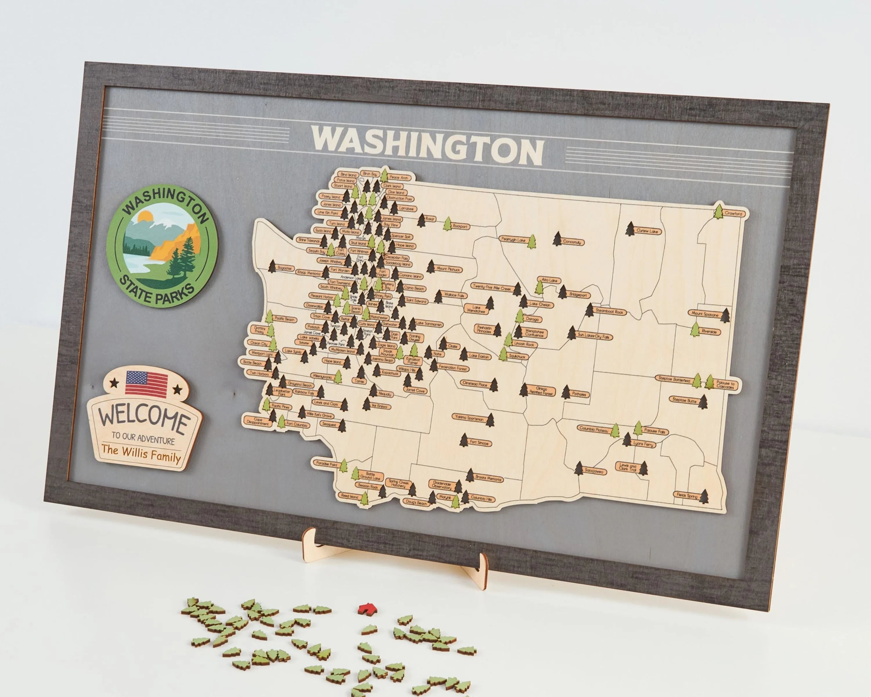 US Wooden Washington State Parks Map With Trees To Record Park Visits (Light Grey)