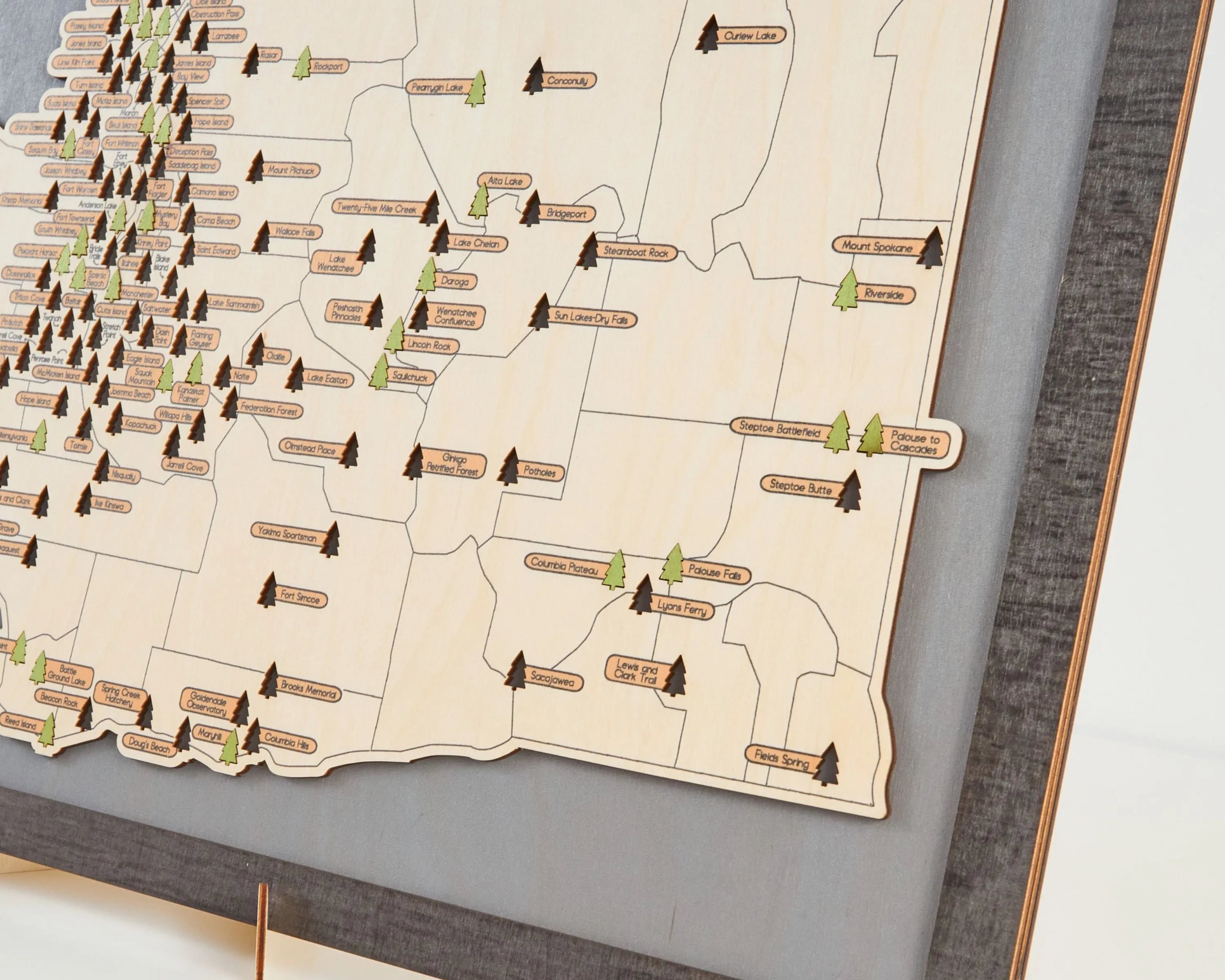 US Wooden Washington State Parks Map With Trees To Record Park Visits (Light Grey)