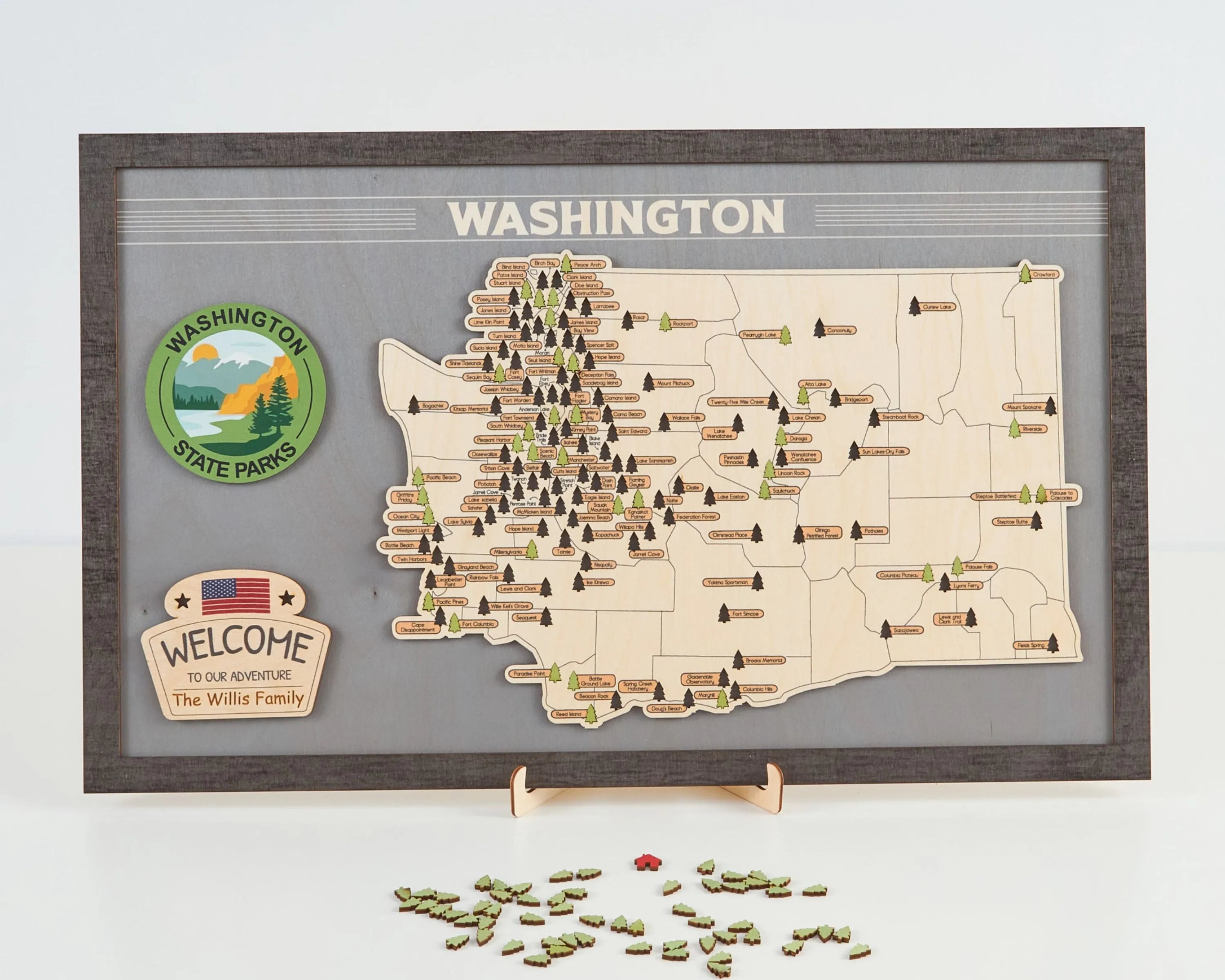 US Wooden Washington State Parks Map With Trees To Record Park Visits (Light Grey)