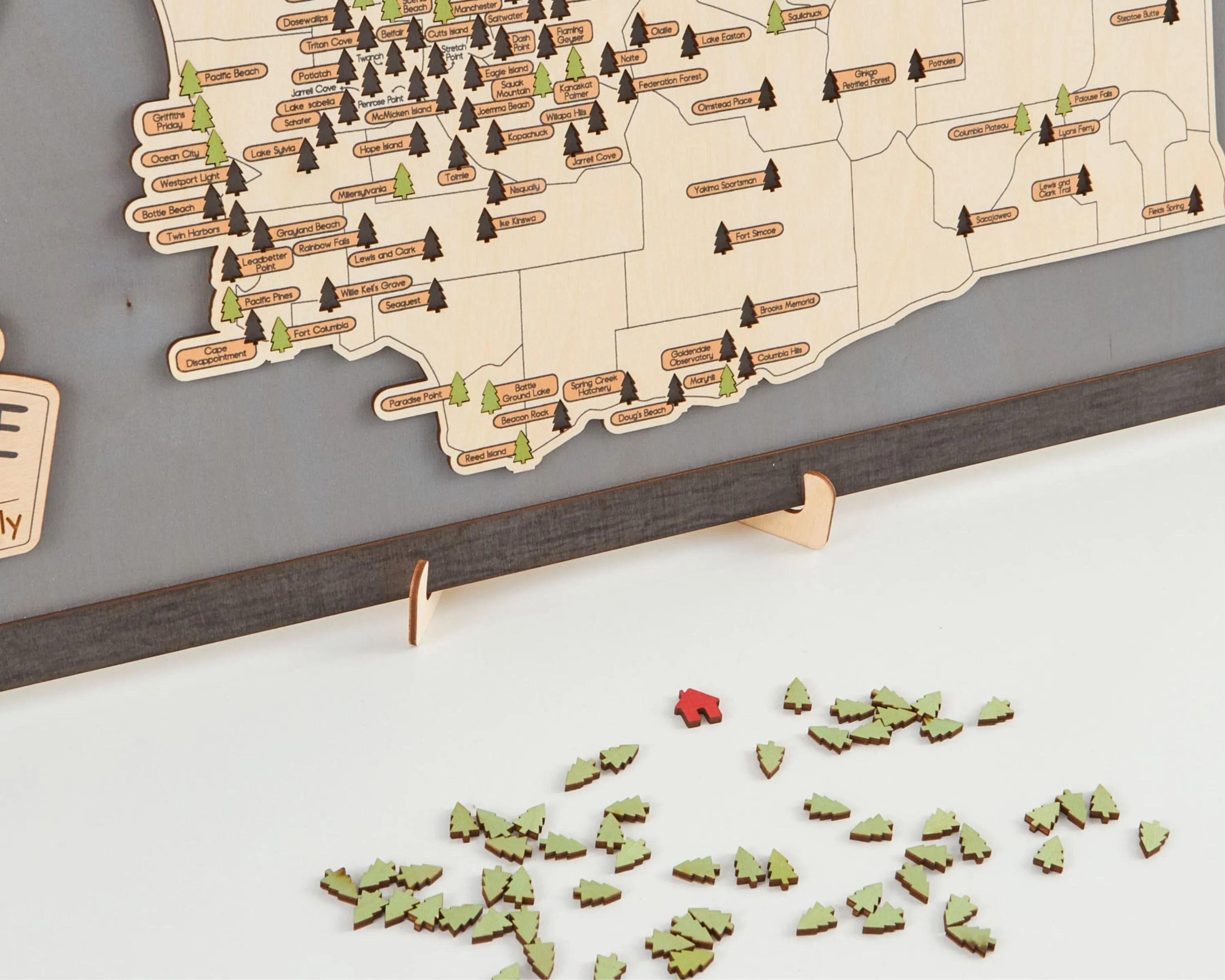 US Wooden Washington State Parks Map With Trees To Record Park Visits (Light Grey)