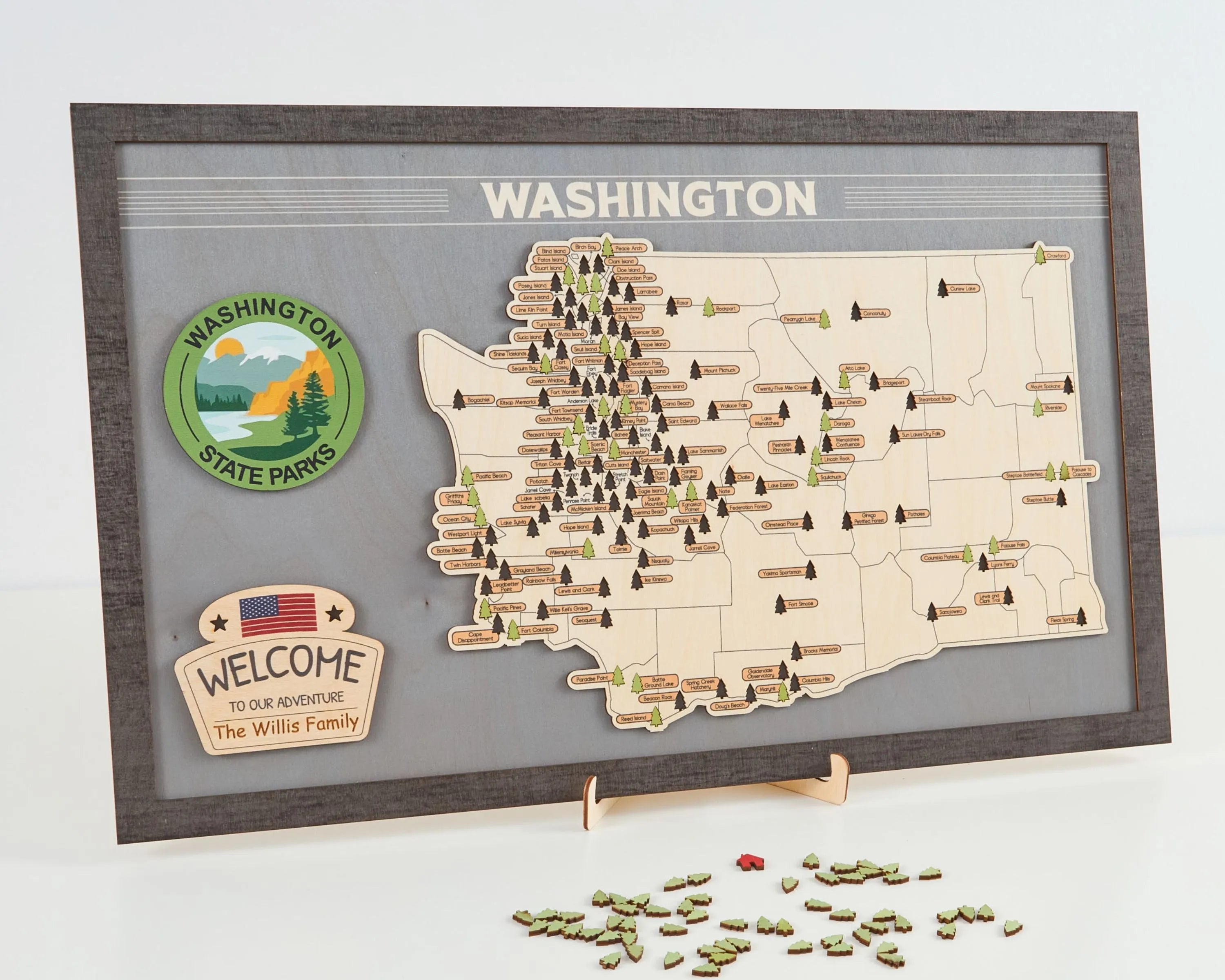 US Wooden Washington State Parks Map With Trees To Record Park Visits (Light Grey)