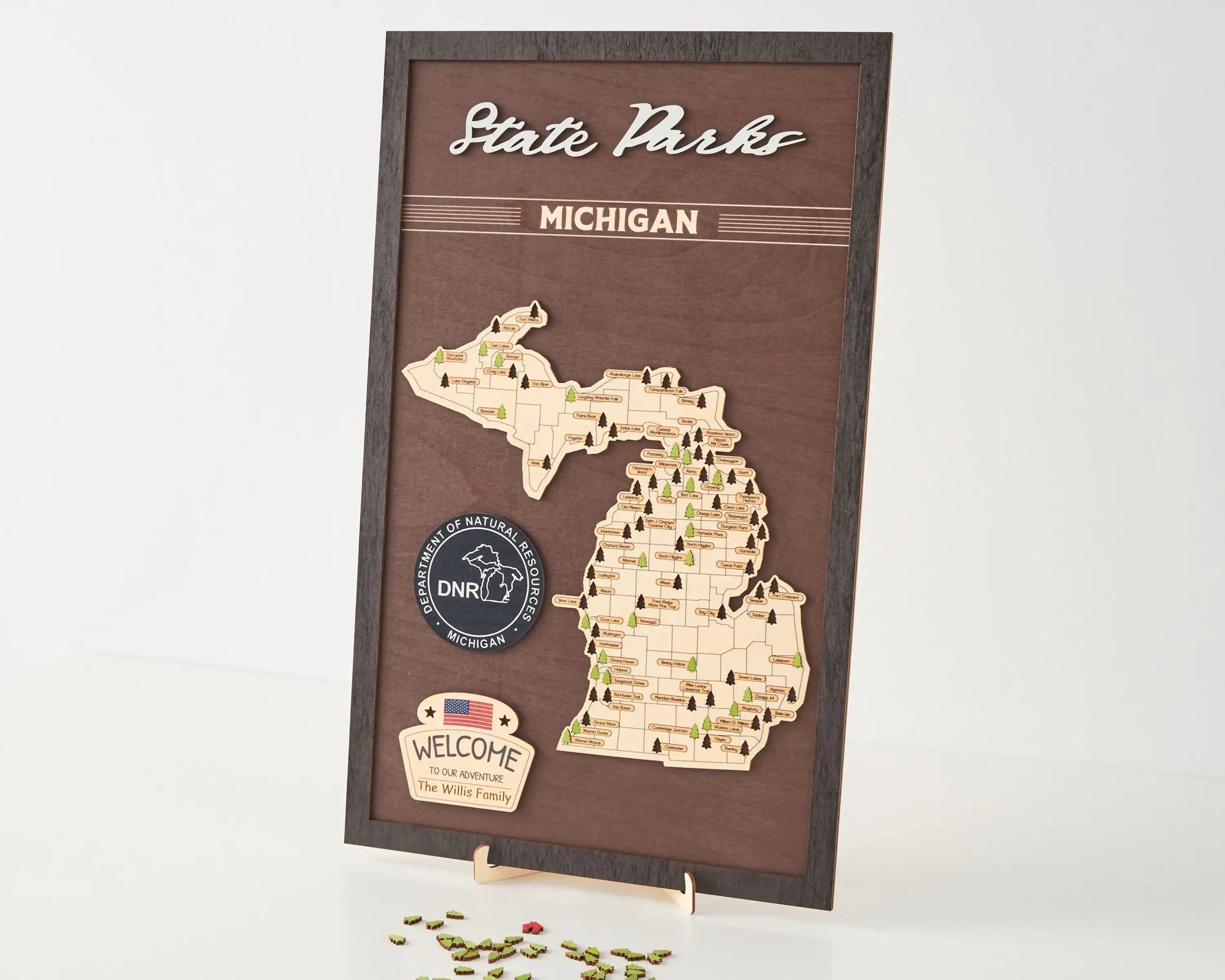 US Wooden Michigan State Parks Map With Trees To Record Park Visits (Coffee)