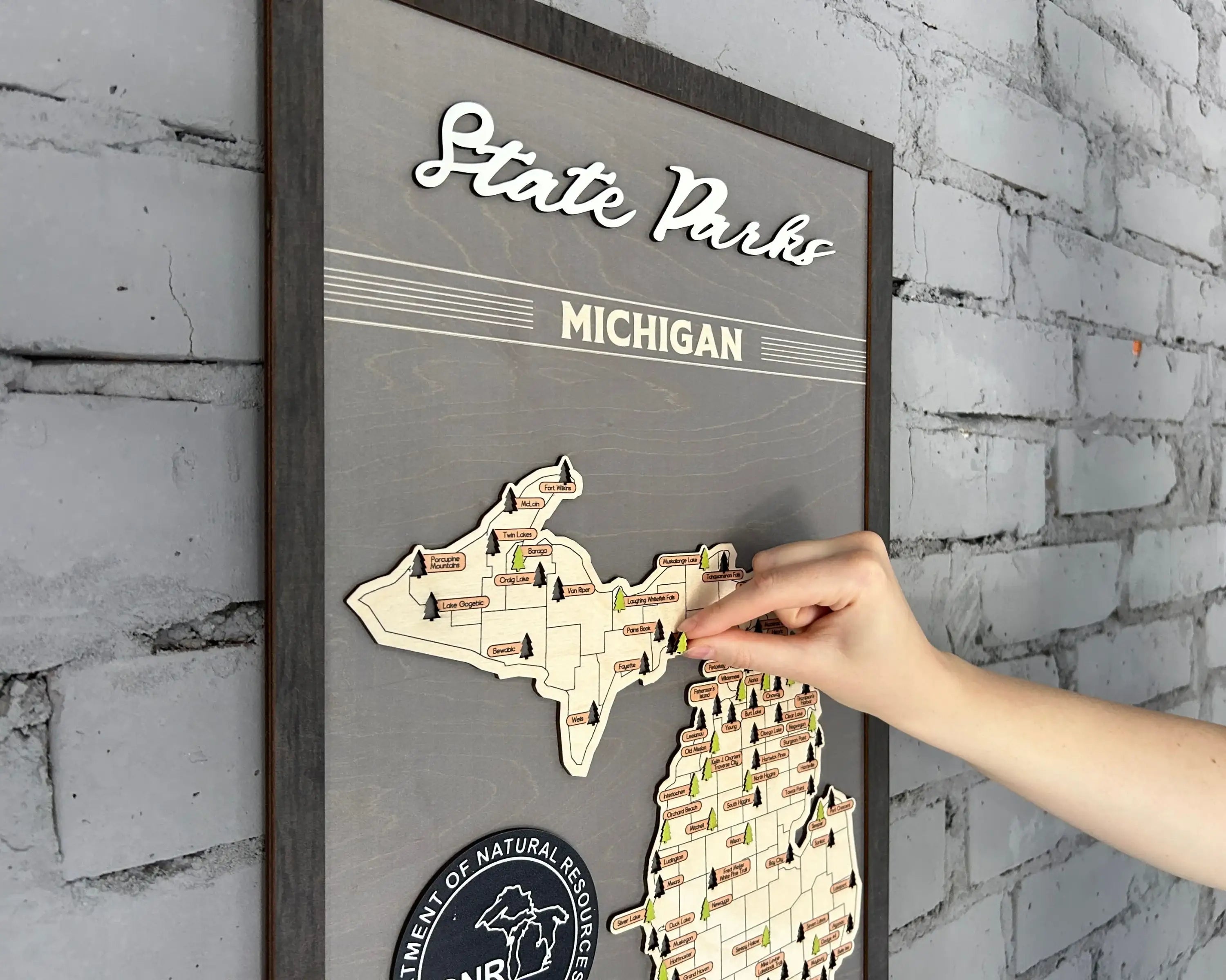US Wooden Michigan State Parks Map With Trees To Record Park Visits (Light Grey)