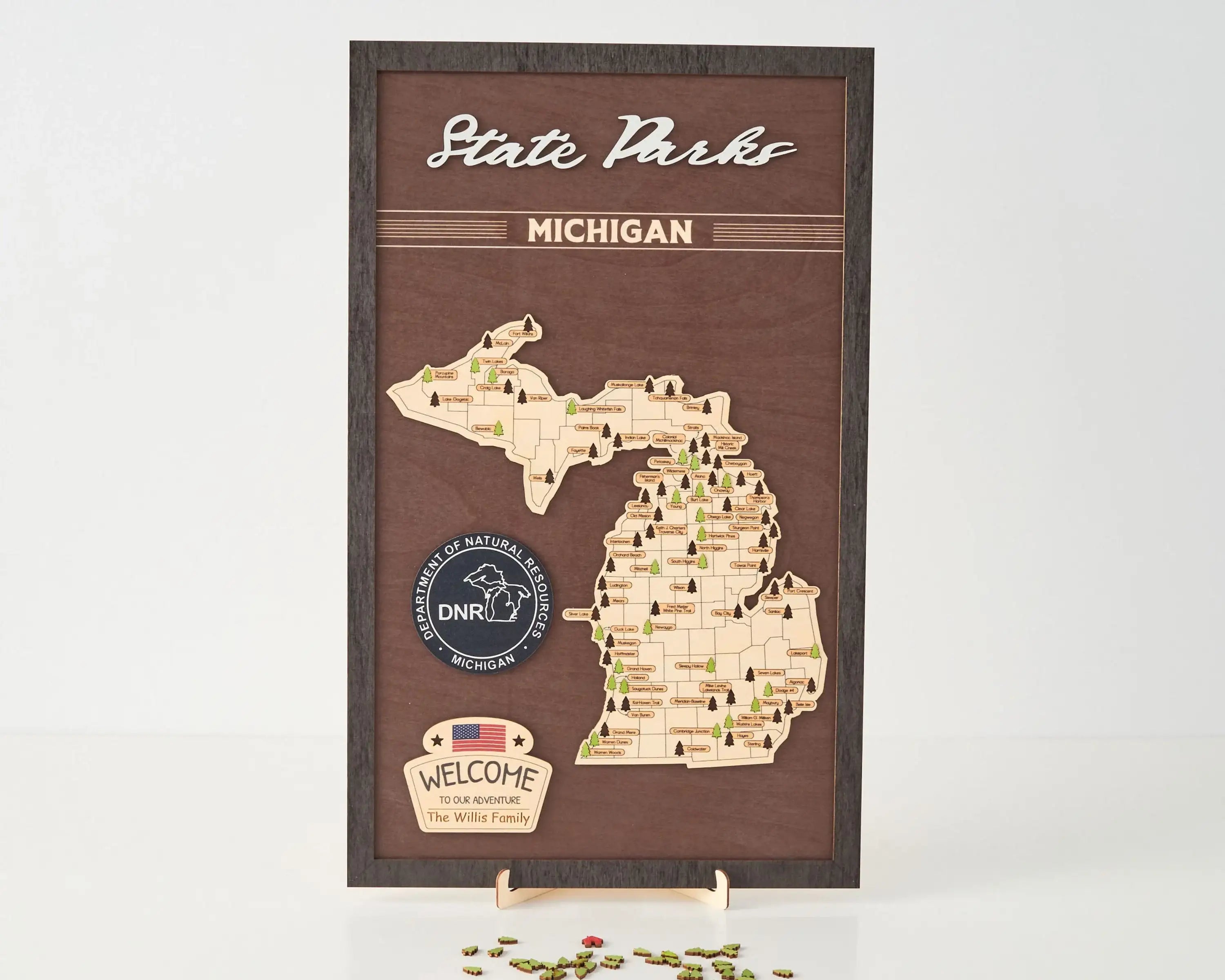 US Wooden Michigan State Parks Map With Trees To Record Park Visits (Coffee)