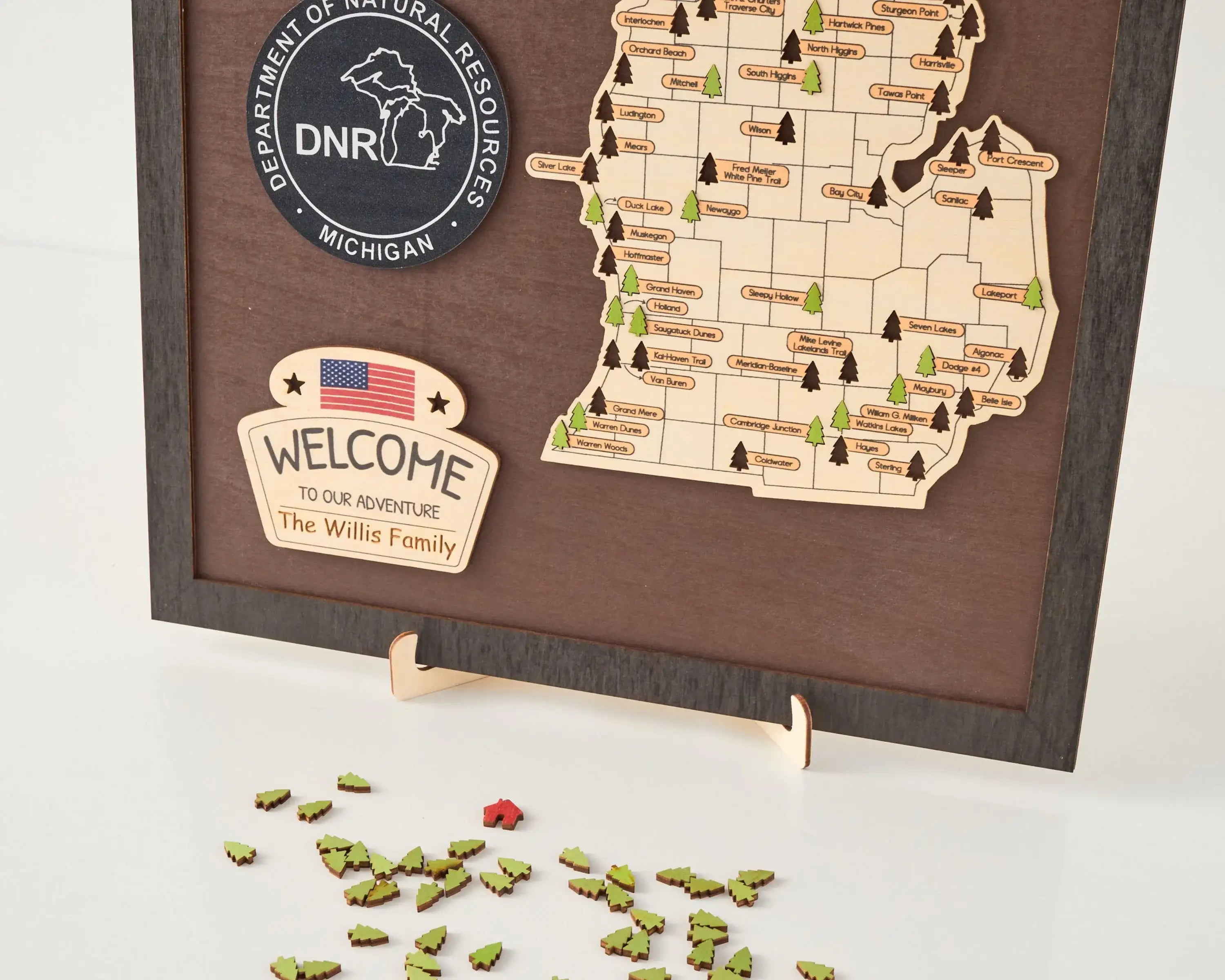 US Wooden Michigan State Parks Map With Trees To Record Park Visits (Coffee)