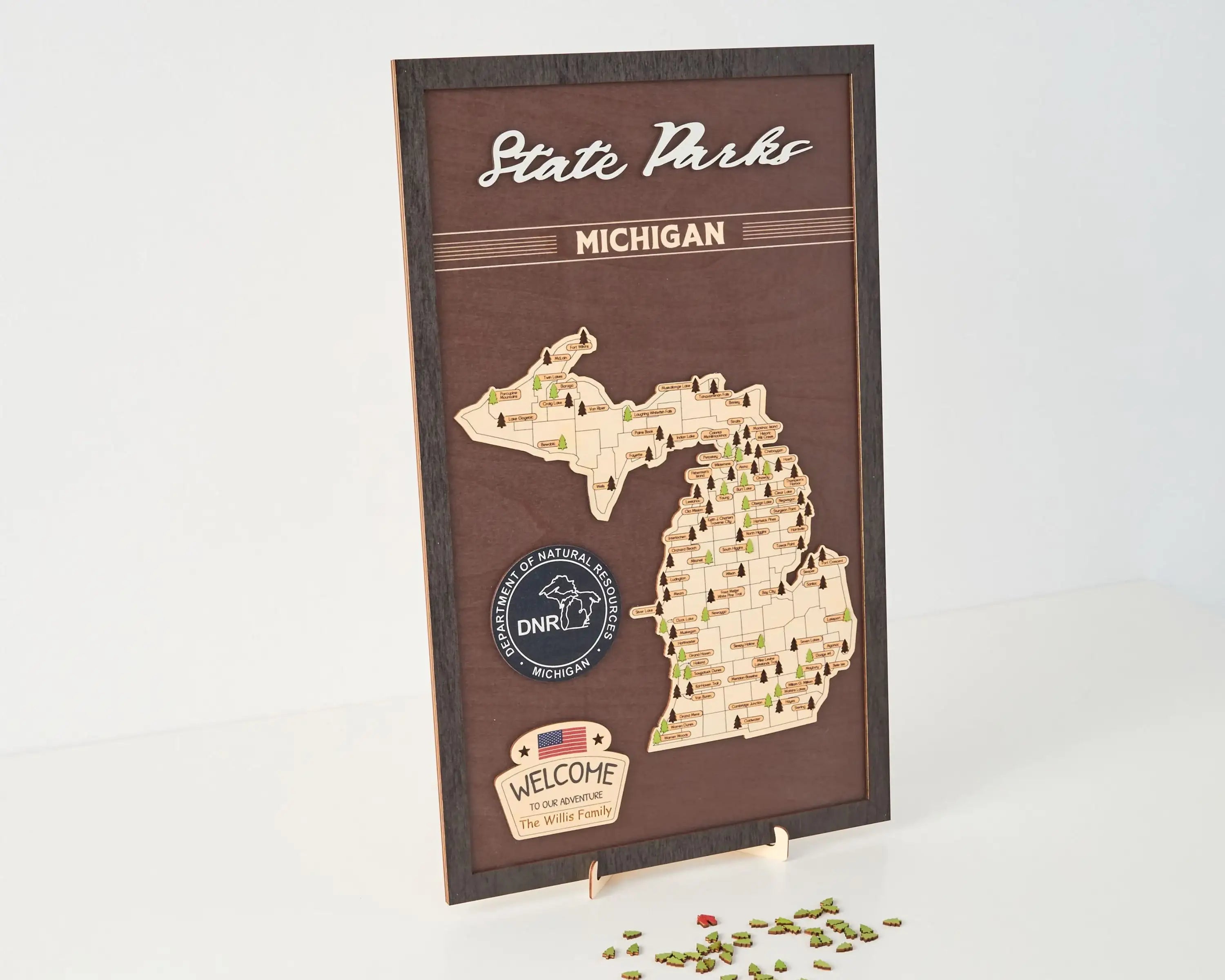 US Wooden Michigan State Parks Map With Trees To Record Park Visits (Coffee)