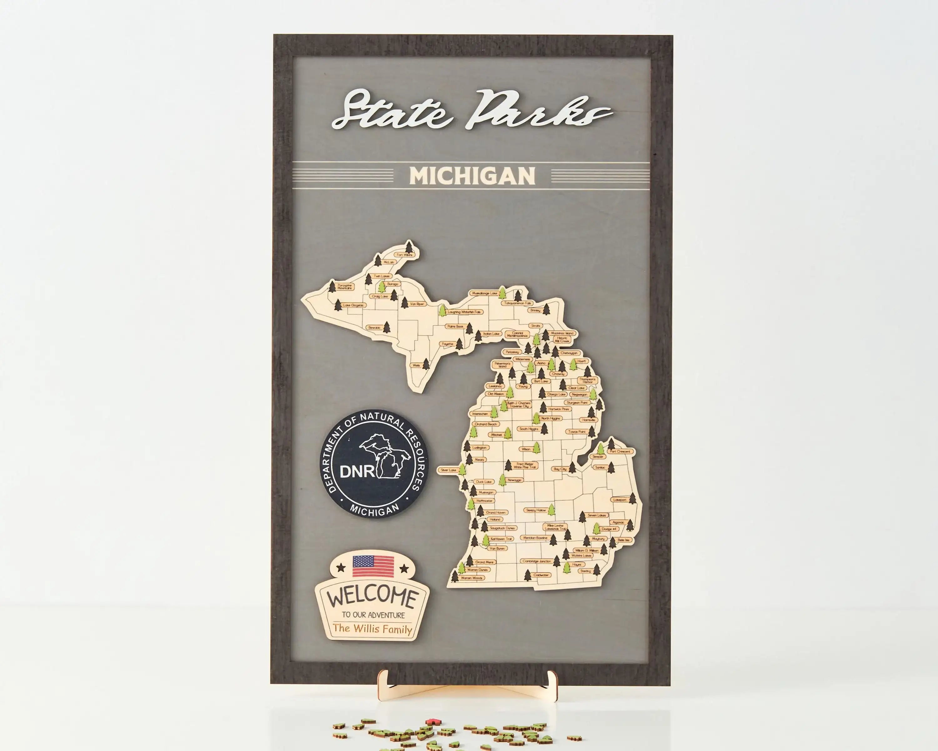 US Wooden Michigan State Parks Map With Trees To Record Park Visits (Light Grey)